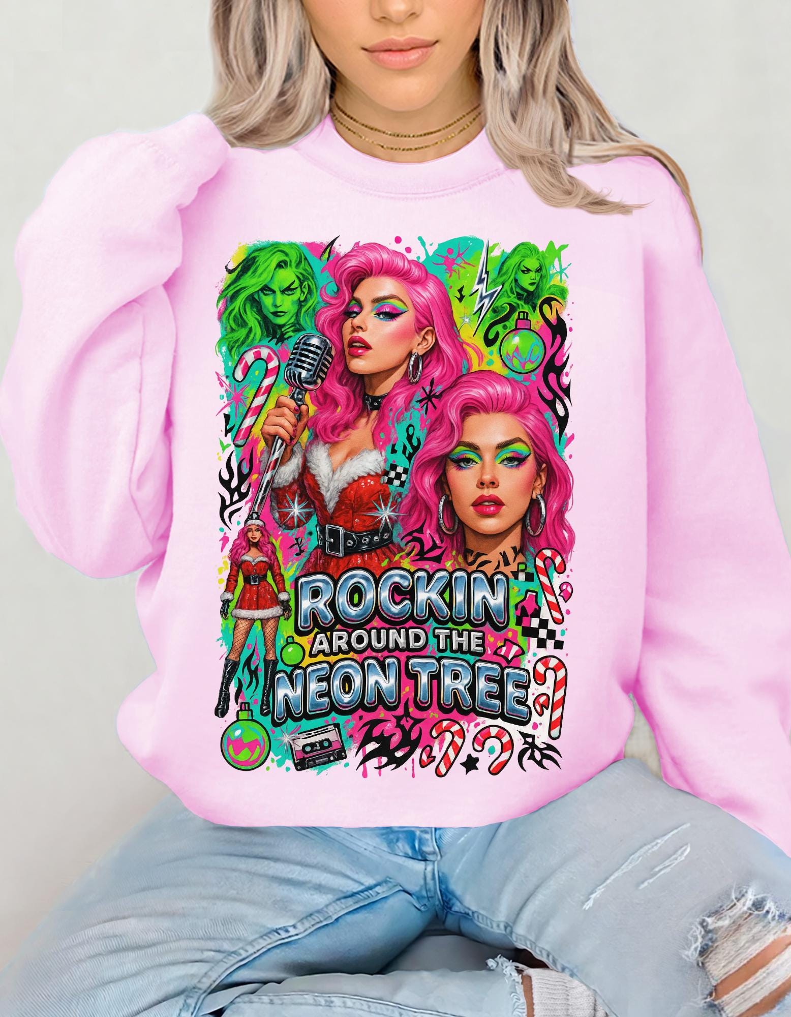 Neon Drag Queen Holiday Sweatshirt | Rockin' Around the Tree Art