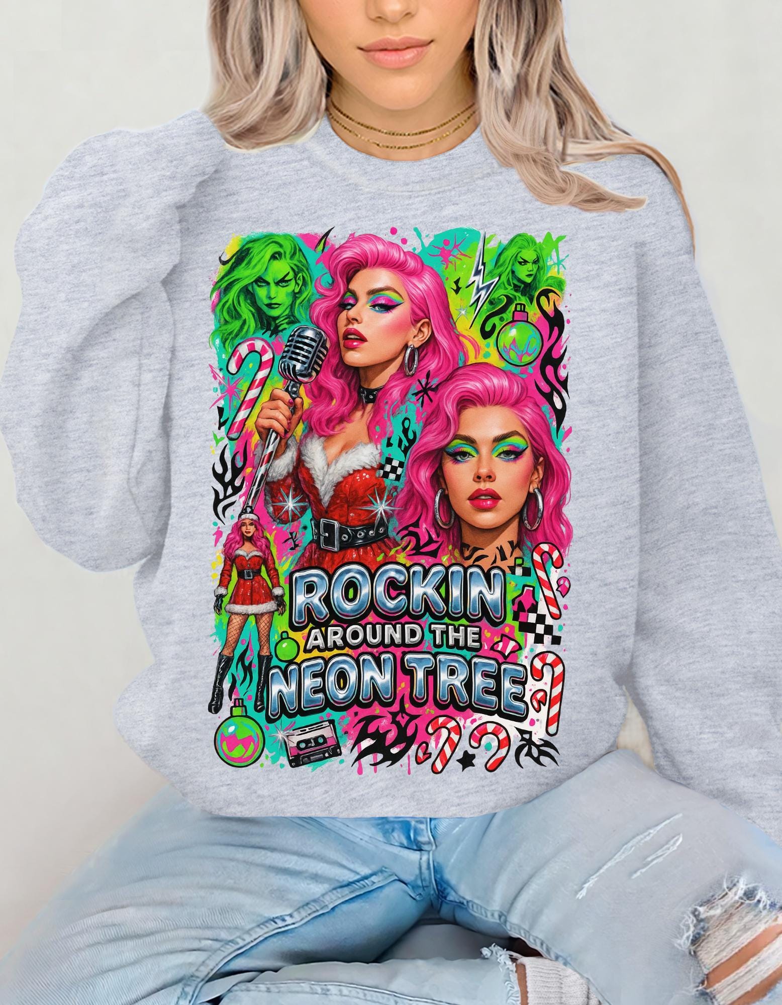 Neon Drag Queen Holiday Sweatshirt | Rockin' Around the Tree Art