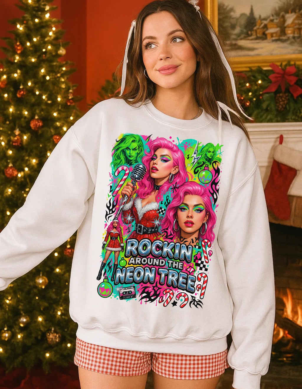 Neon Drag Queen Holiday Sweatshirt | Rockin' Around the Tree Art