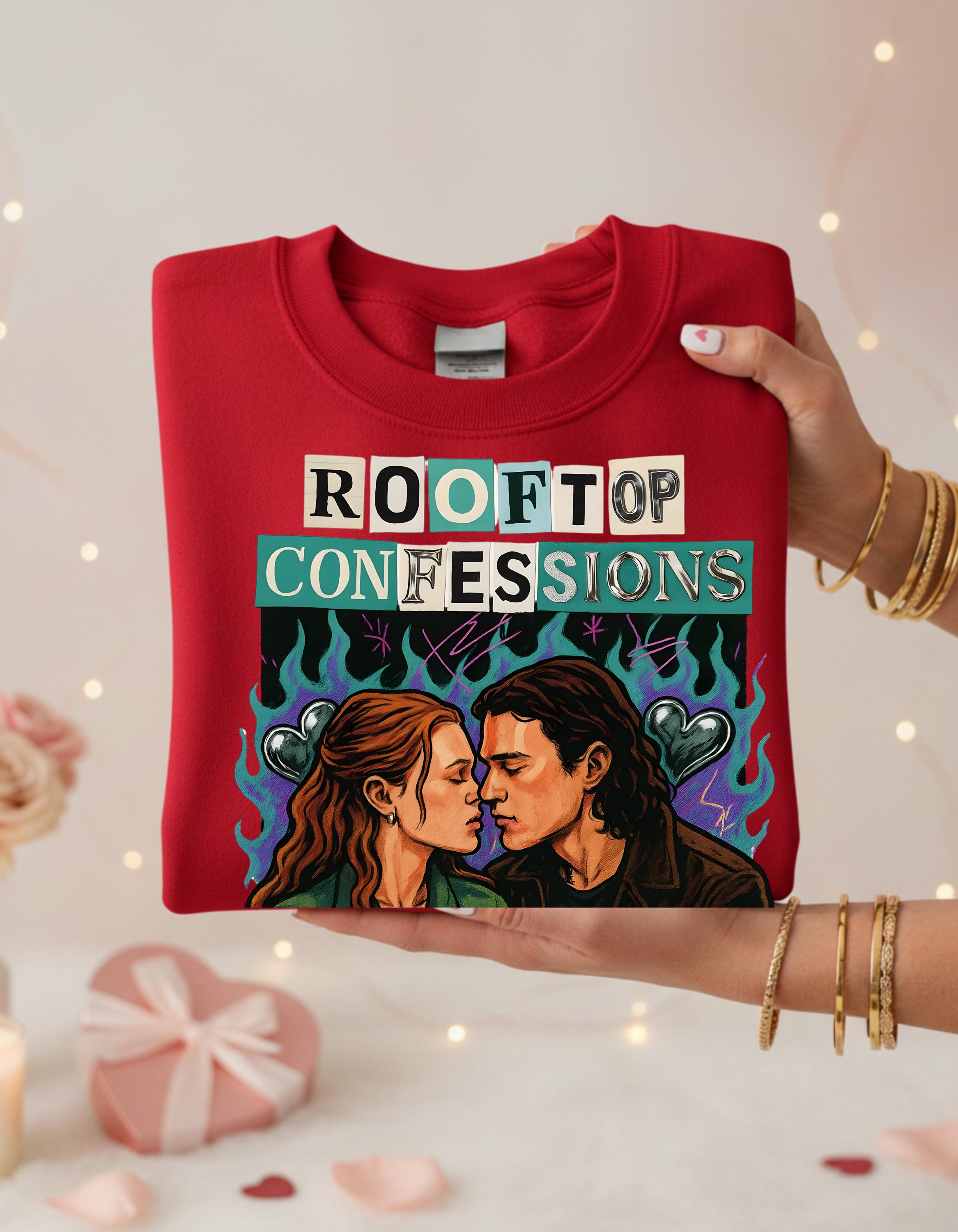 Rooftop Confessions Couple Illustration Sweatshirt | Cozy Guitar Journal Cassette Scene Design