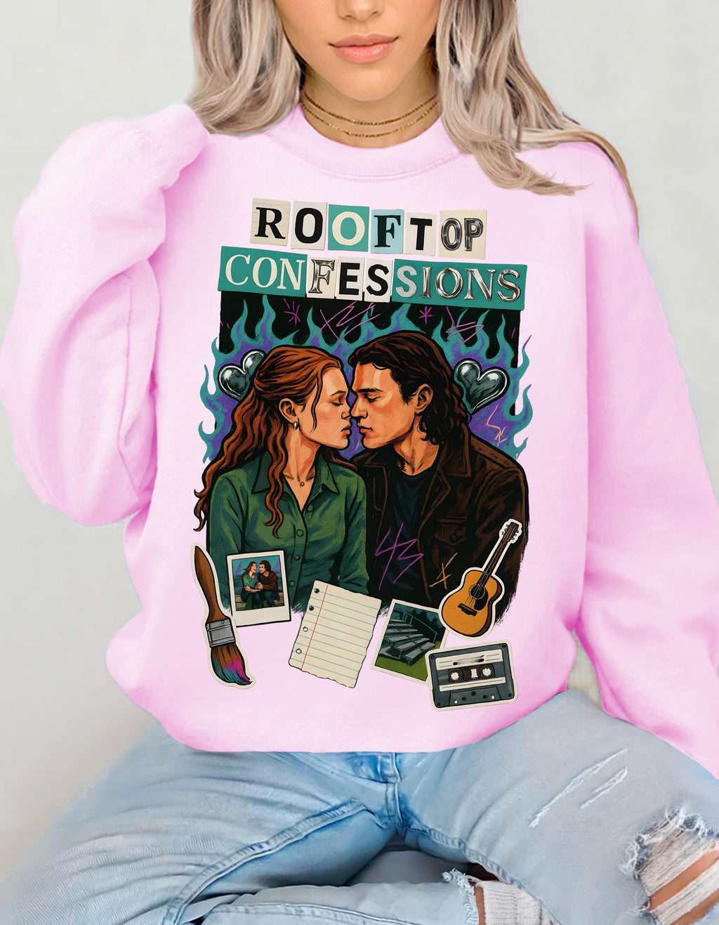 Rooftop Confessions Couple Illustration Sweatshirt | Cozy Guitar Journal Cassette Scene Design
