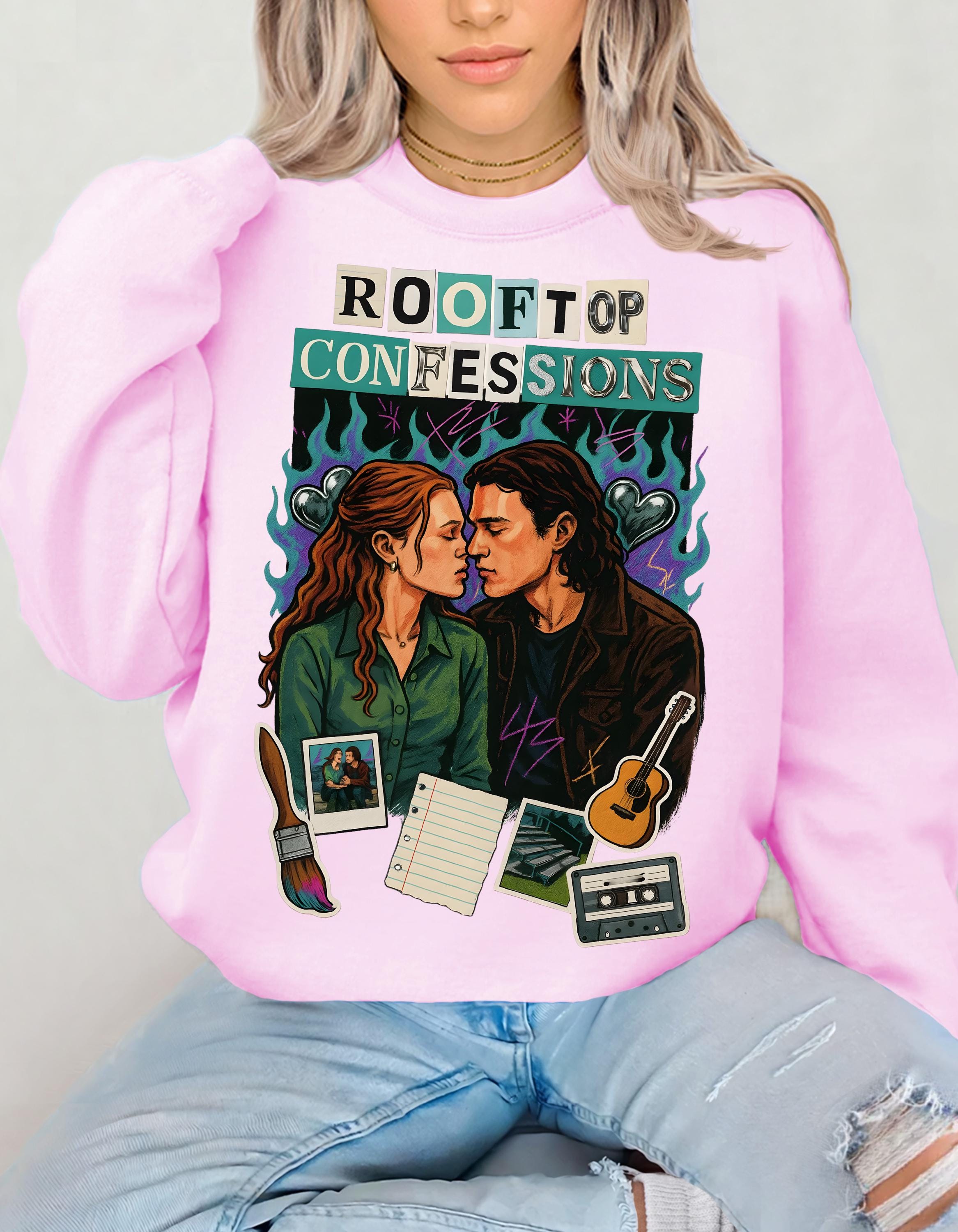 Rooftop Confessions Couple Illustration Sweatshirt | Cozy Guitar Journal Cassette Scene Design