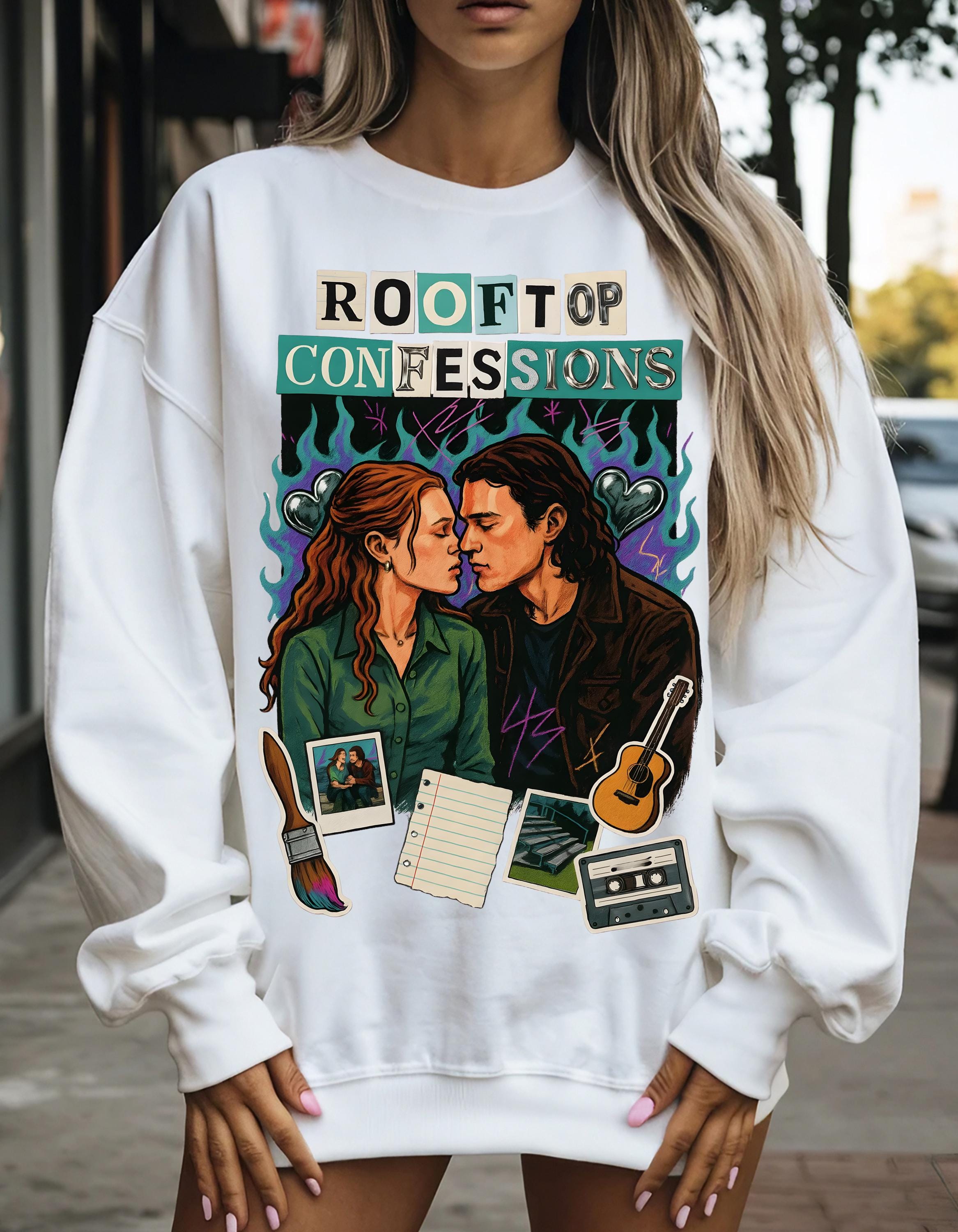 Rooftop Confessions Couple Illustration Sweatshirt | Cozy Guitar Journal Cassette Scene Design