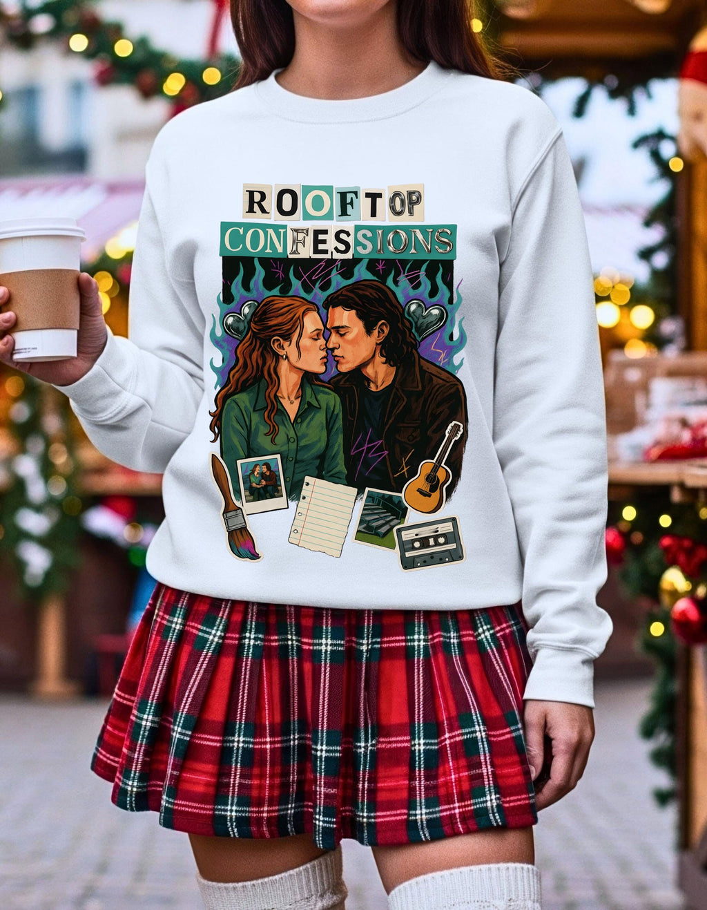 Rooftop Confessions Couple Illustration Sweatshirt | Cozy Guitar Journal Cassette Scene Design