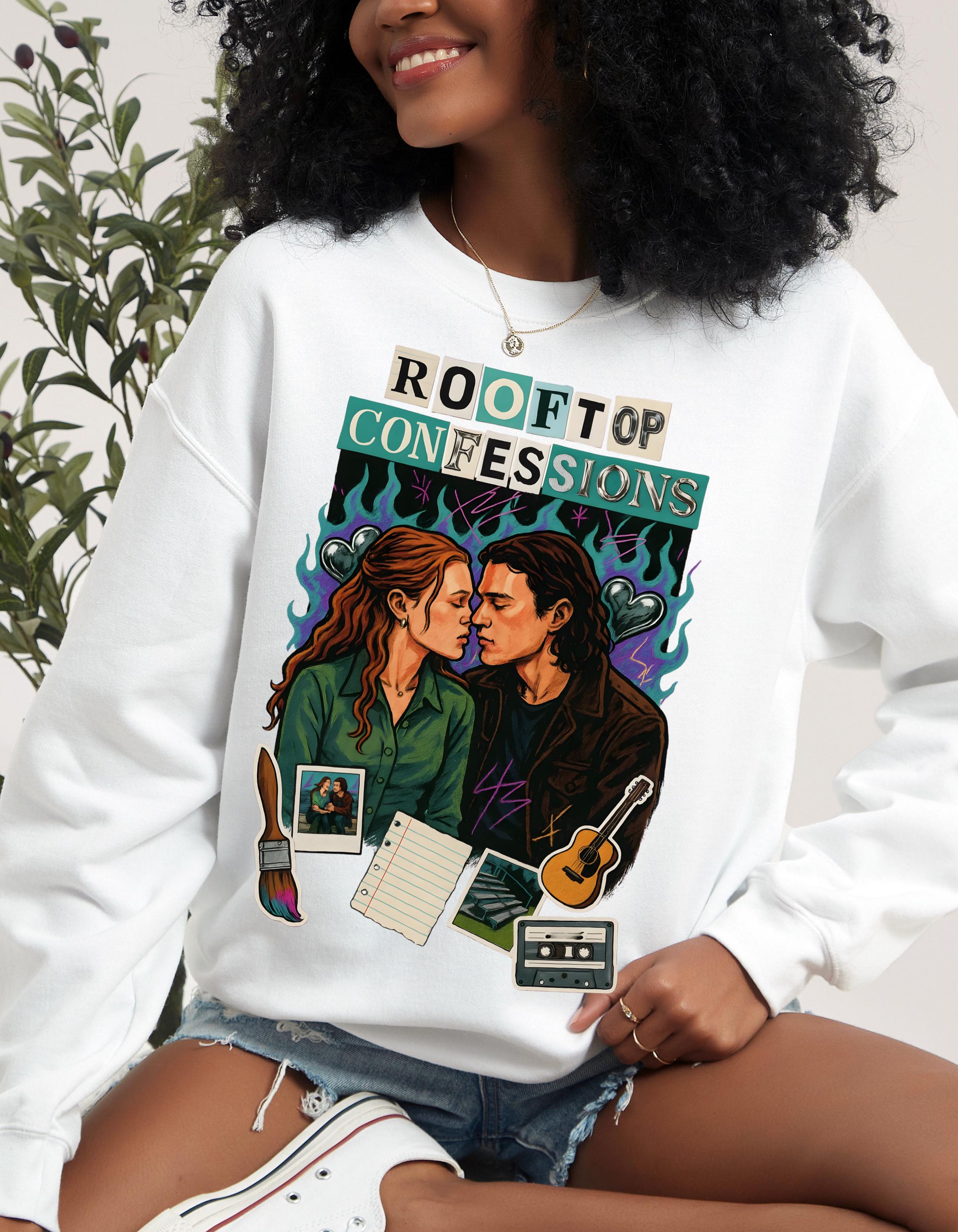 Rooftop Confessions Couple Illustration Sweatshirt | Cozy Guitar Journal Cassette Scene Design
