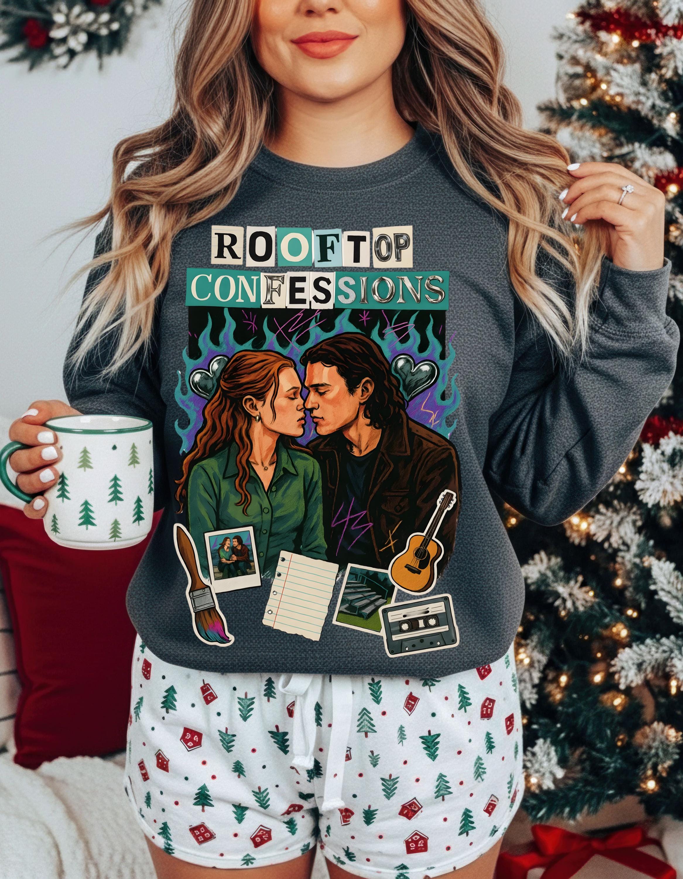 Rooftop Confessions Couple Illustration Sweatshirt | Cozy Guitar Journal Cassette Scene Design