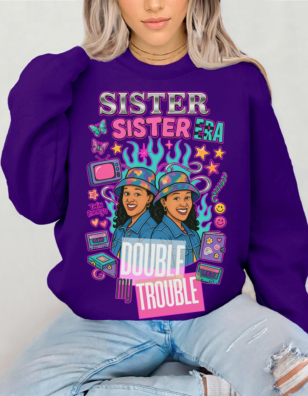 90s Double My Trouble Twin Shirts Sweatshirt Retro Vintage Graphic Matching Set