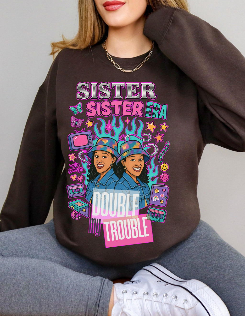 90s Double My Trouble Twin Shirts Sweatshirt Retro Vintage Graphic Matching Set