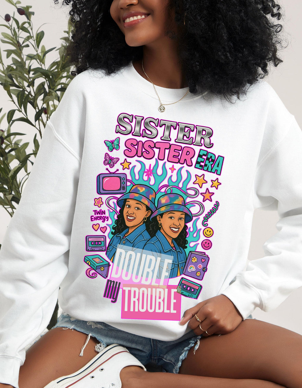 90s Double My Trouble Twin Shirts Sweatshirt Retro Vintage Graphic Matching Set