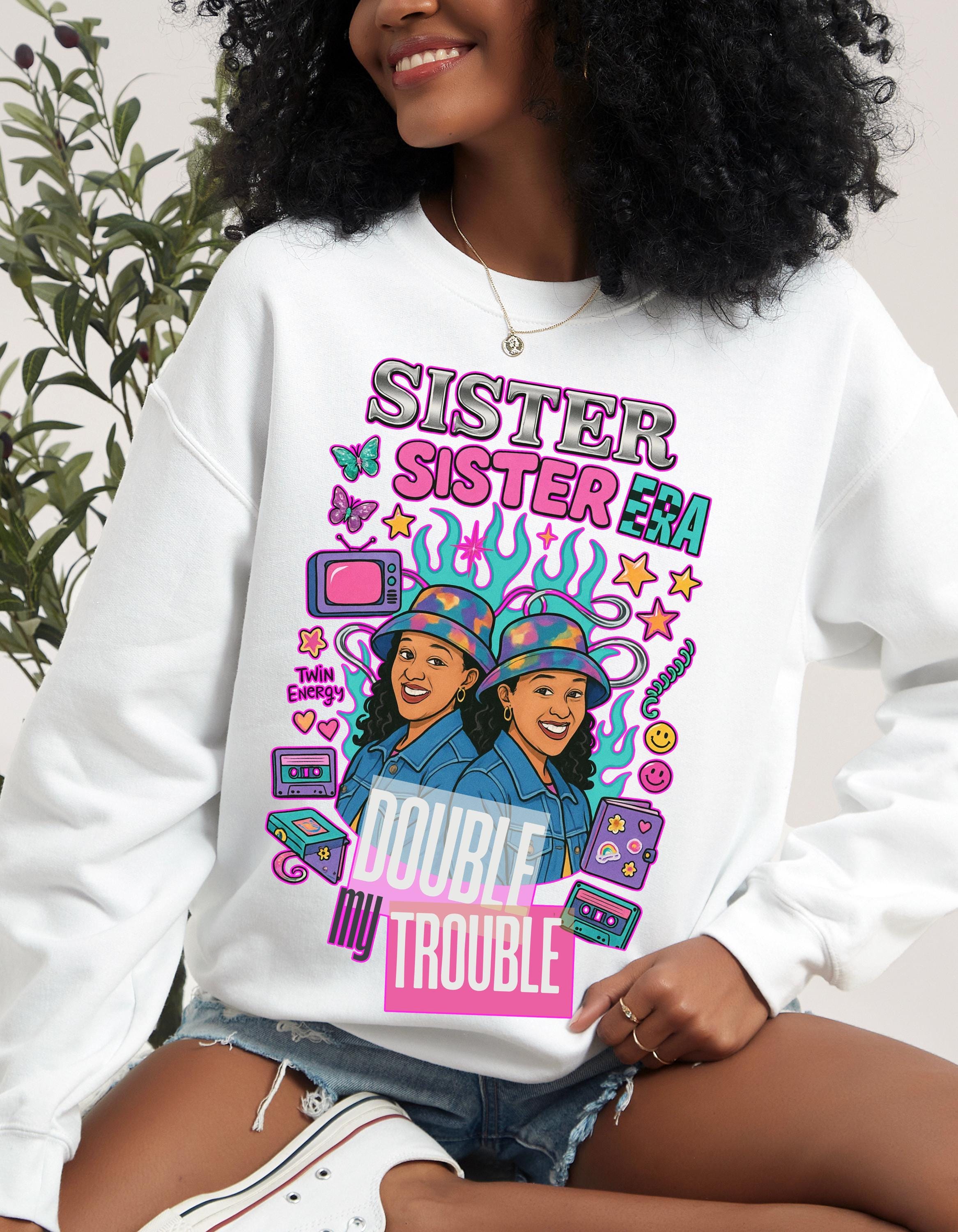 90s Double My Trouble Twin Shirts Sweatshirt Retro Vintage Graphic Matching Set