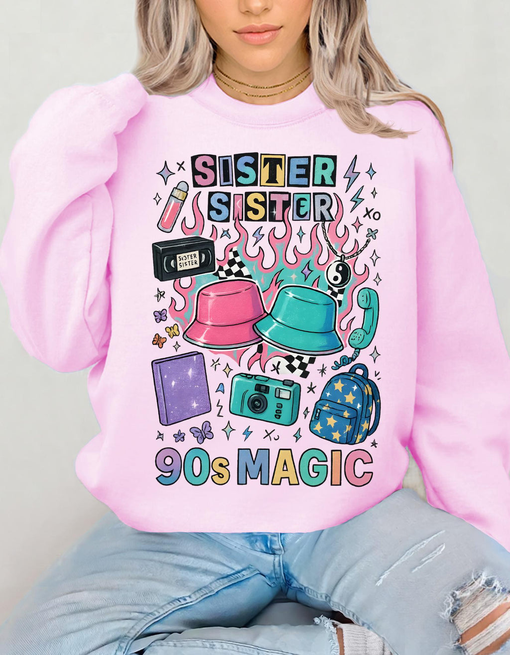 90s Twin Sisters Crewneck Sweatshirt Retro Sibling Vintage Twins Matching Outfit Gift