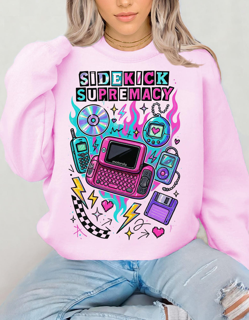 Retro Tech Crewneck Sweatshirt, Vaporwave Sidekick Supremacy, Gamer Streetwear
