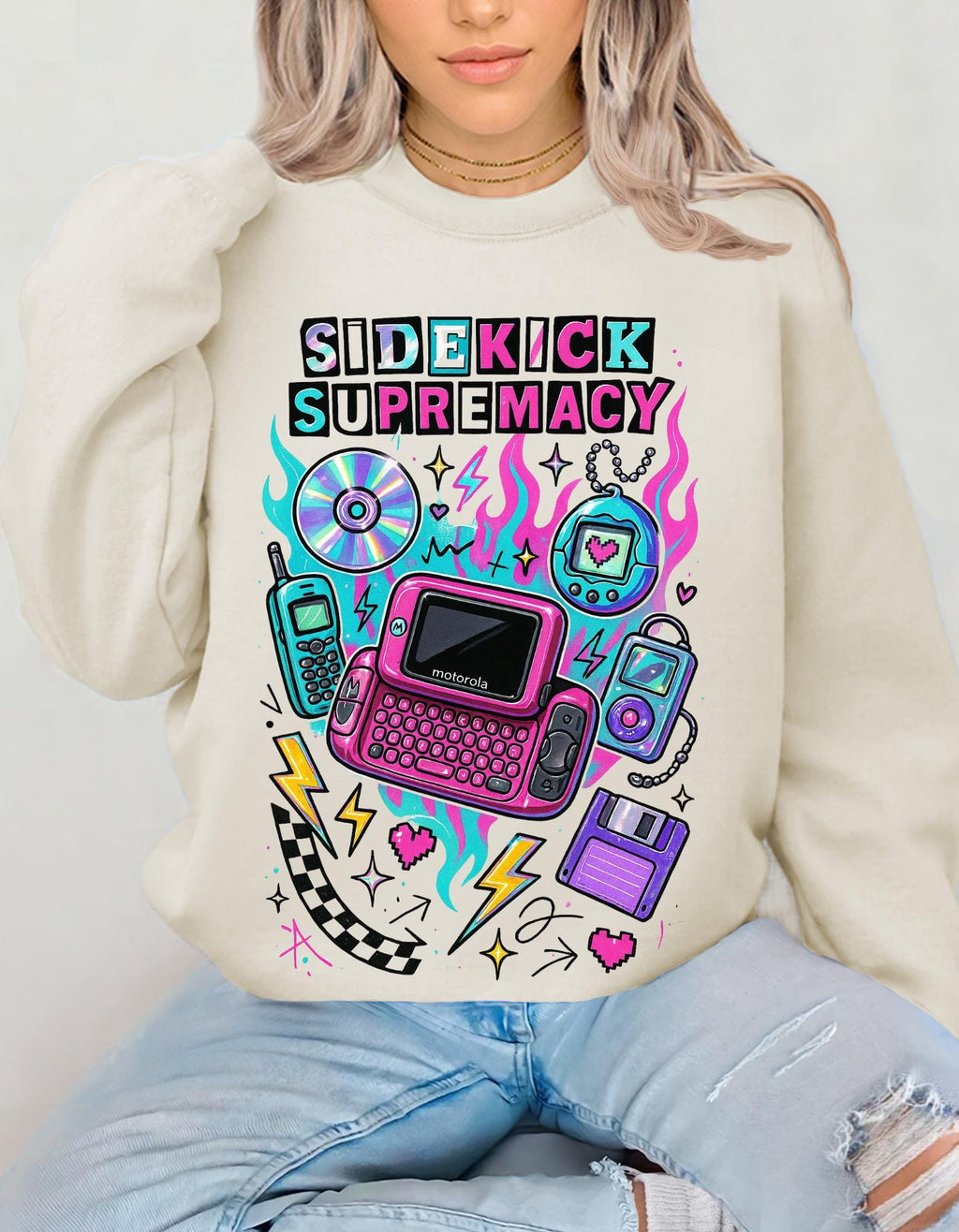 Retro Tech Crewneck Sweatshirt, Vaporwave Sidekick Supremacy, Gamer Streetwear