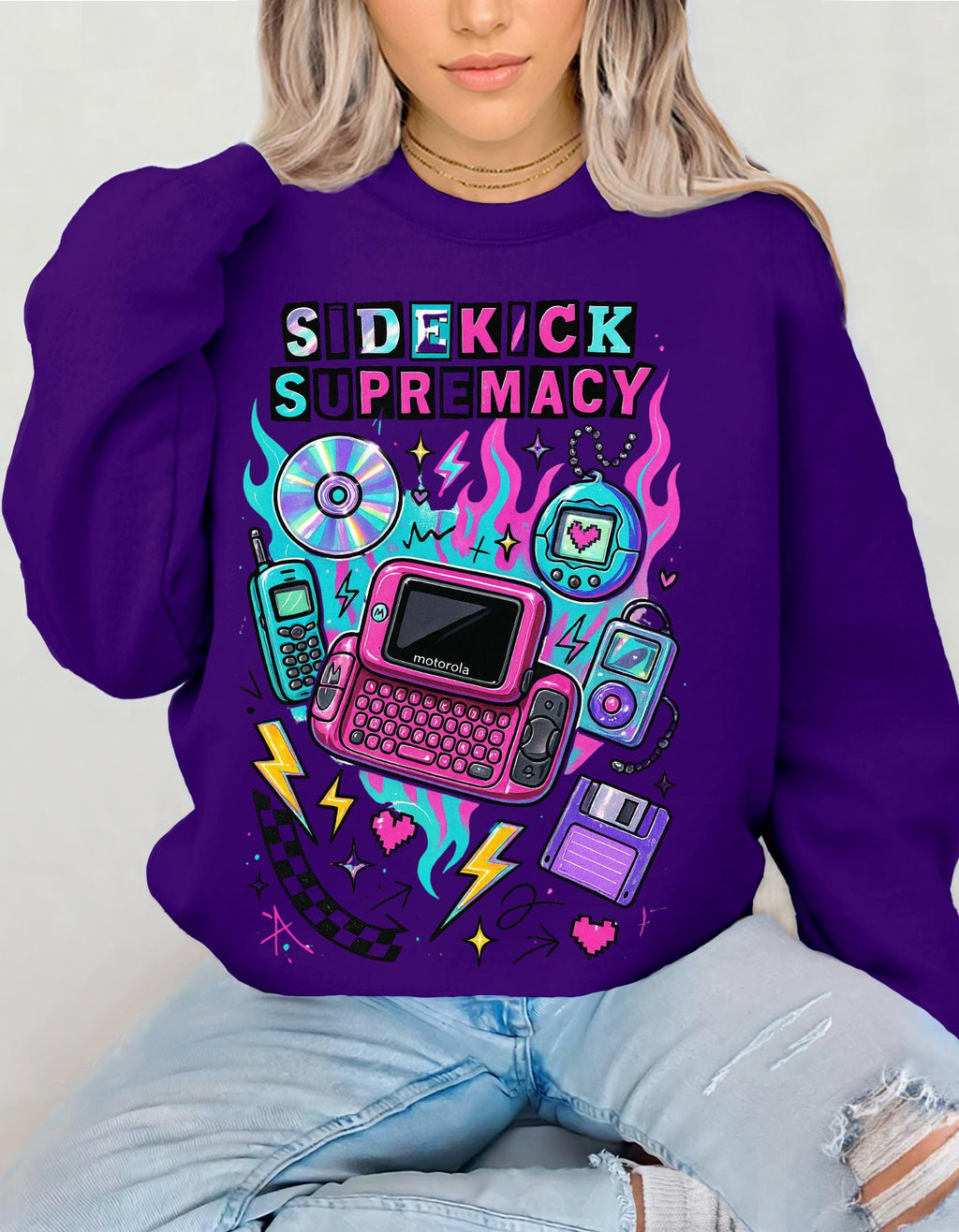 Retro Tech Crewneck Sweatshirt, Vaporwave Sidekick Supremacy, Gamer Streetwear