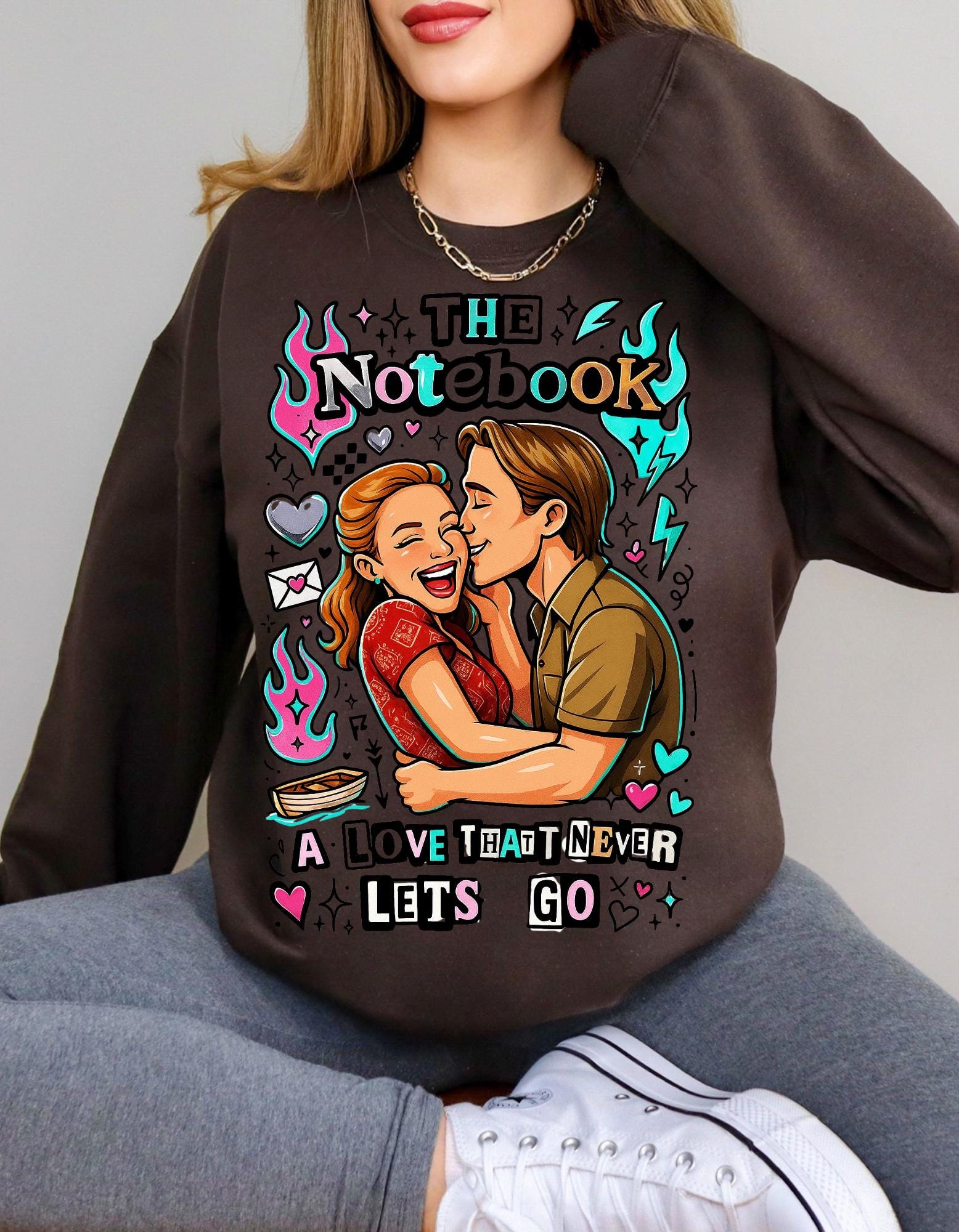 Love That Never Lets Go Sweatshirt | Heart Typography Sentimental Design Romantic Couples Anniversary Gift