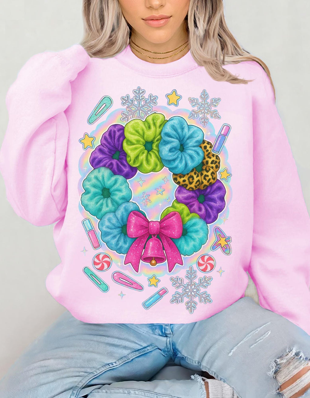Colorful Scrunchie Wreath Sweatshirt | Pastel Hair Bows Stars Clips Kawaii Crewneck Pullover Gift