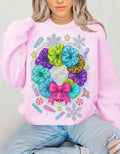 Colorful Scrunchie Wreath Sweatshirt | Pastel Hair Bows Stars Clips Kawaii Crewneck Pullover Gift