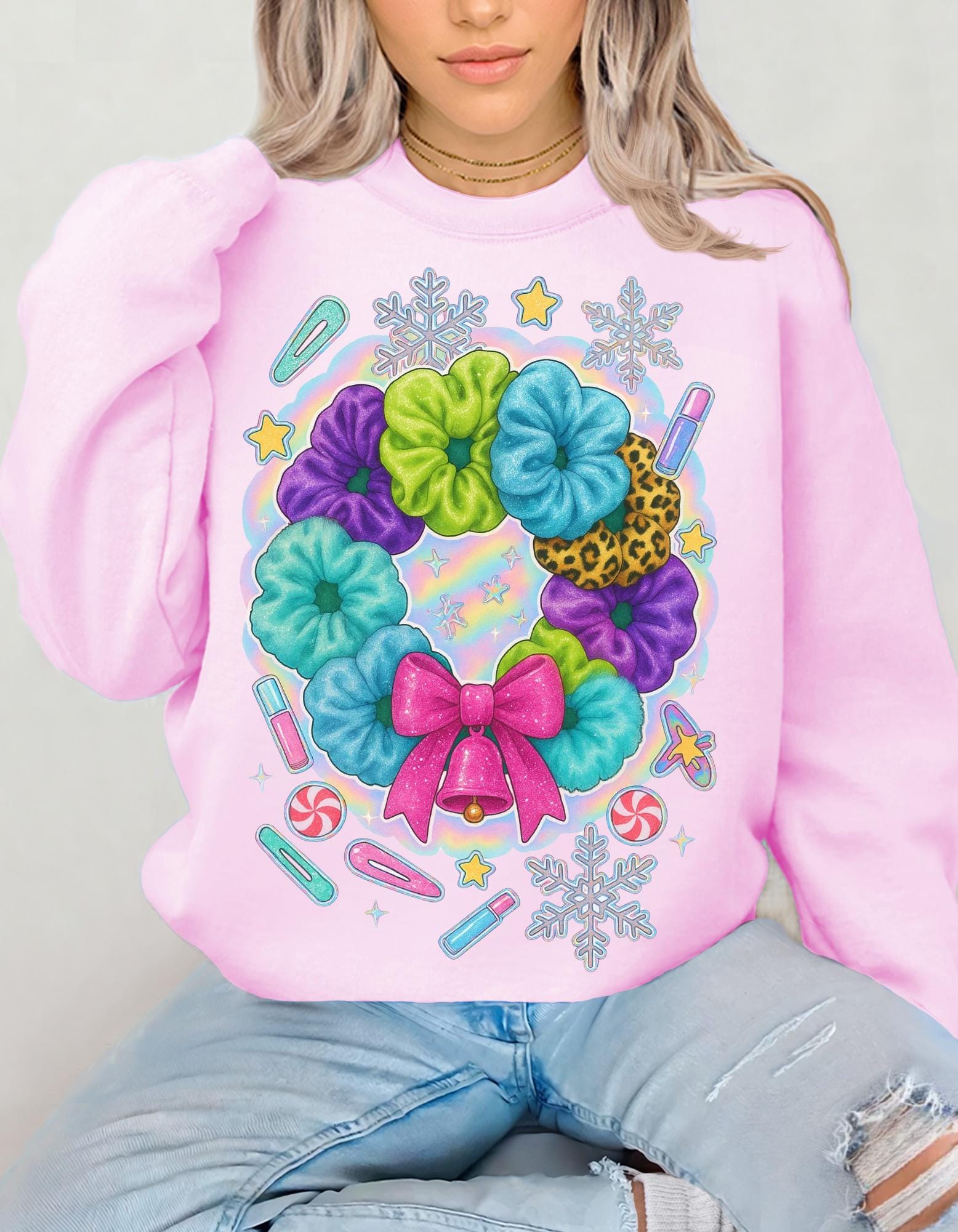 Colorful Scrunchie Wreath Sweatshirt | Pastel Hair Bows Stars Clips Kawaii Crewneck Pullover Gift