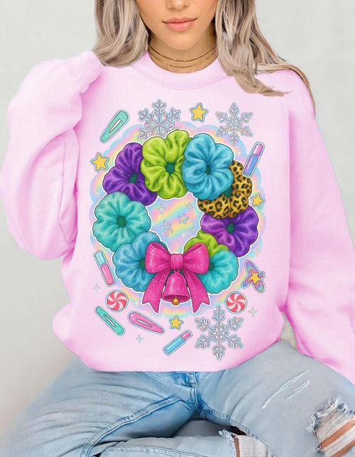 Colorful Scrunchie Wreath Sweatshirt | Pastel Hair Bows Stars Clips Kawaii Crewneck Pullover Gift