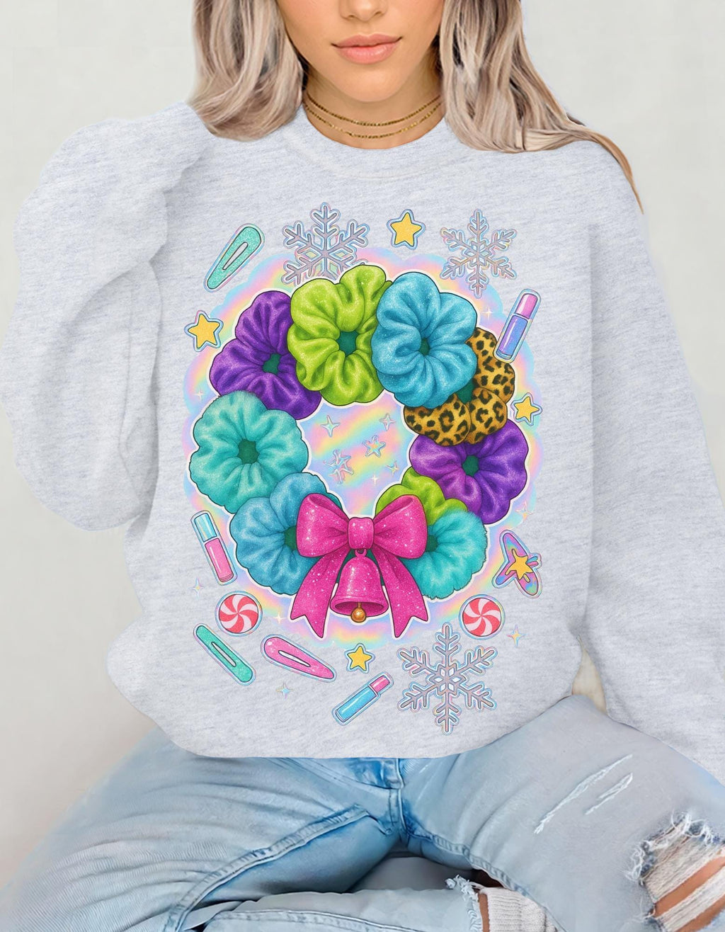 Colorful Scrunchie Wreath Sweatshirt | Pastel Hair Bows Stars Clips Kawaii Crewneck Pullover Gift