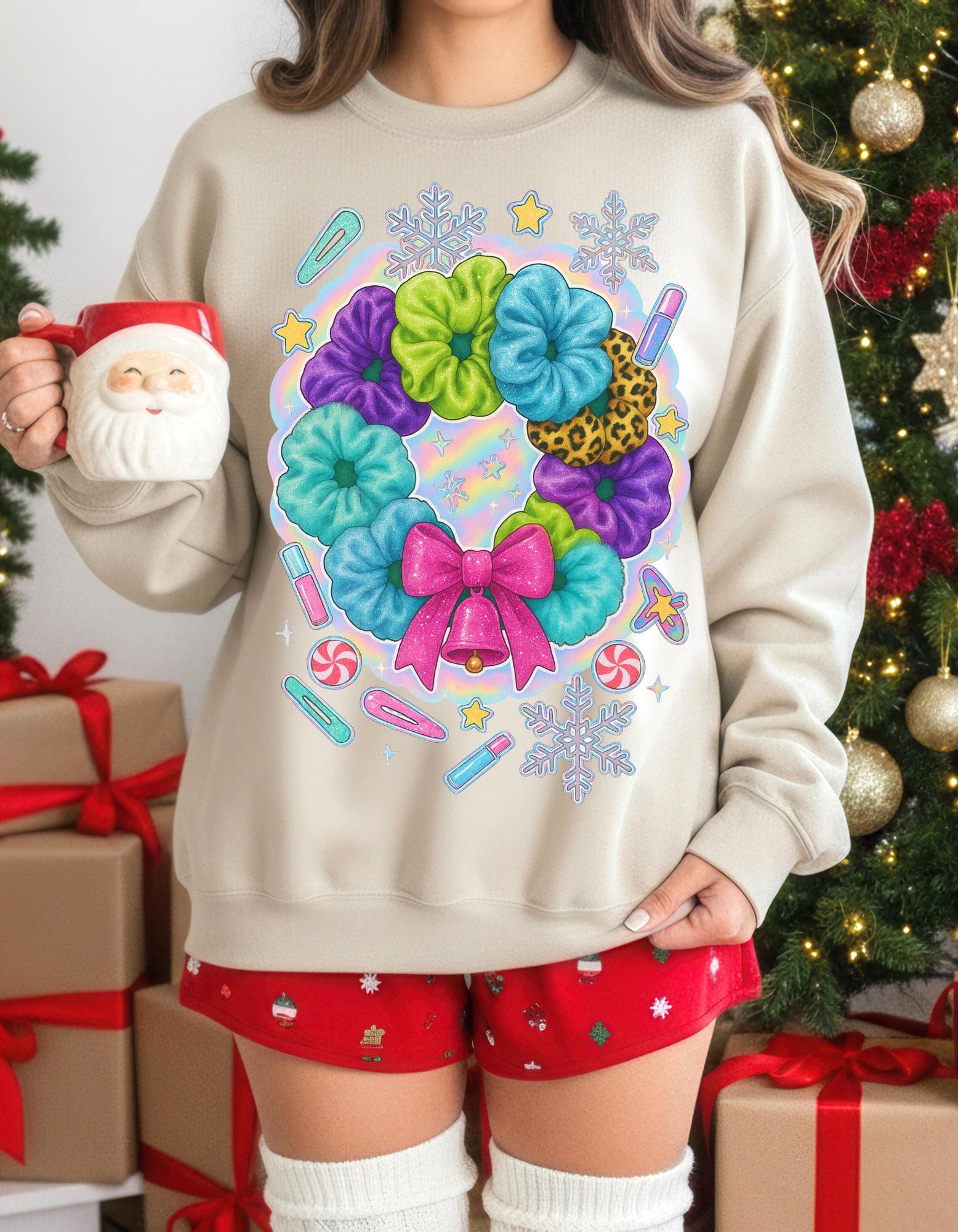 Colorful Scrunchie Wreath Sweatshirt | Pastel Hair Bows Stars Clips Kawaii Crewneck Pullover Gift