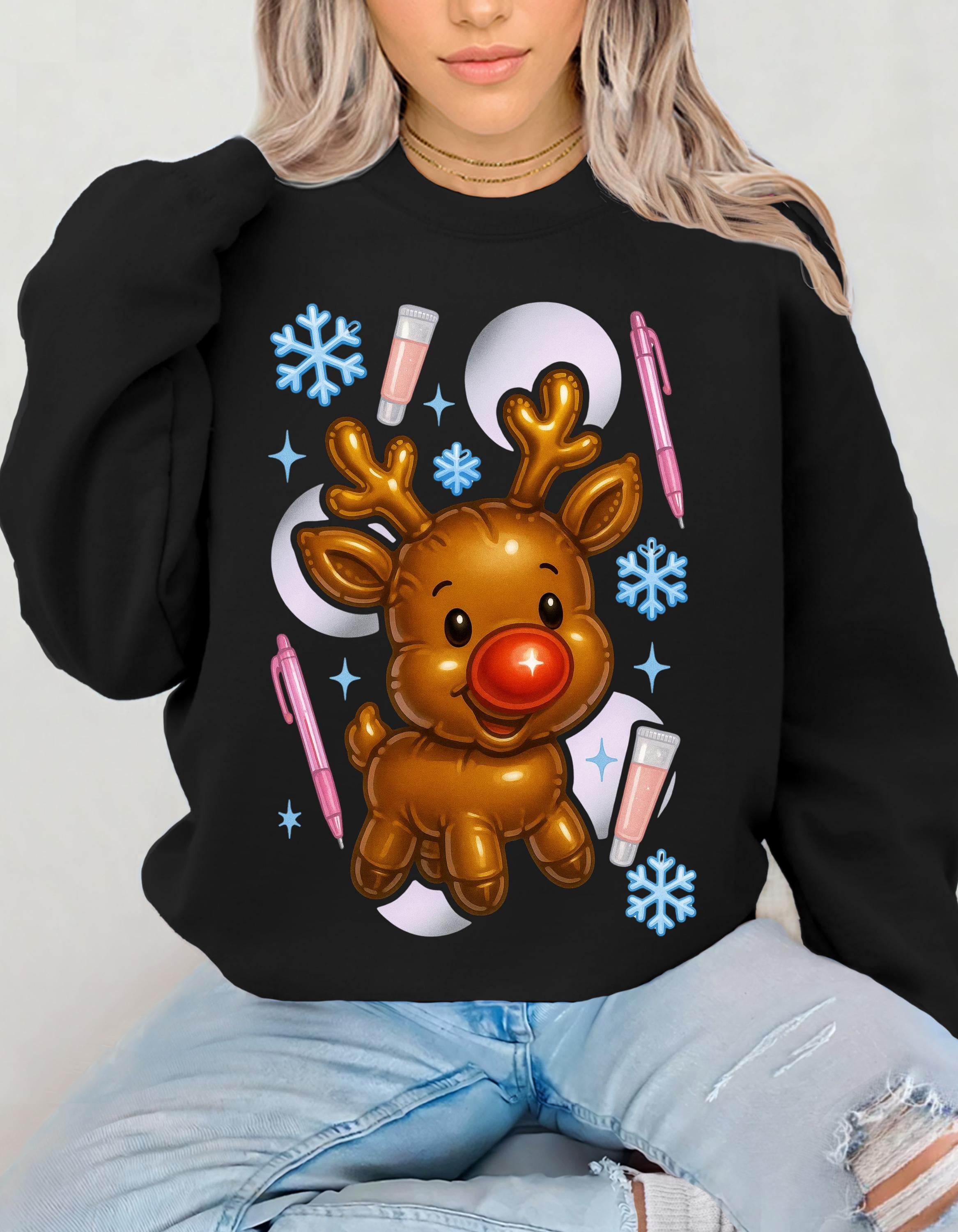Rudolph Reindeer Christmas Crewneck Sweatshirt: Holiday Snowflake Design