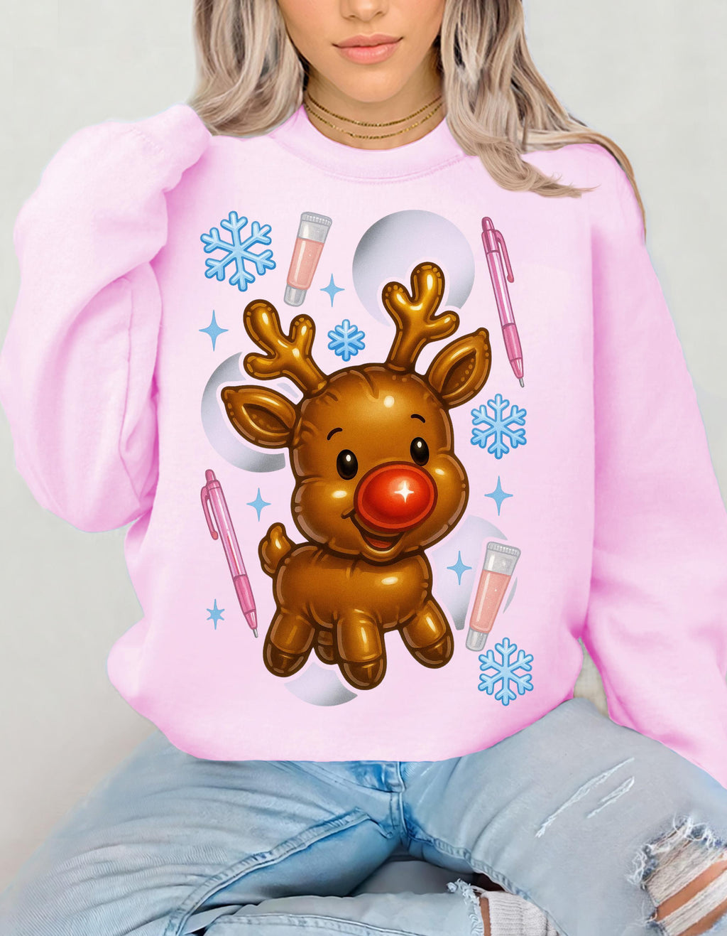 Rudolph Reindeer Christmas Crewneck Sweatshirt: Holiday Snowflake Design