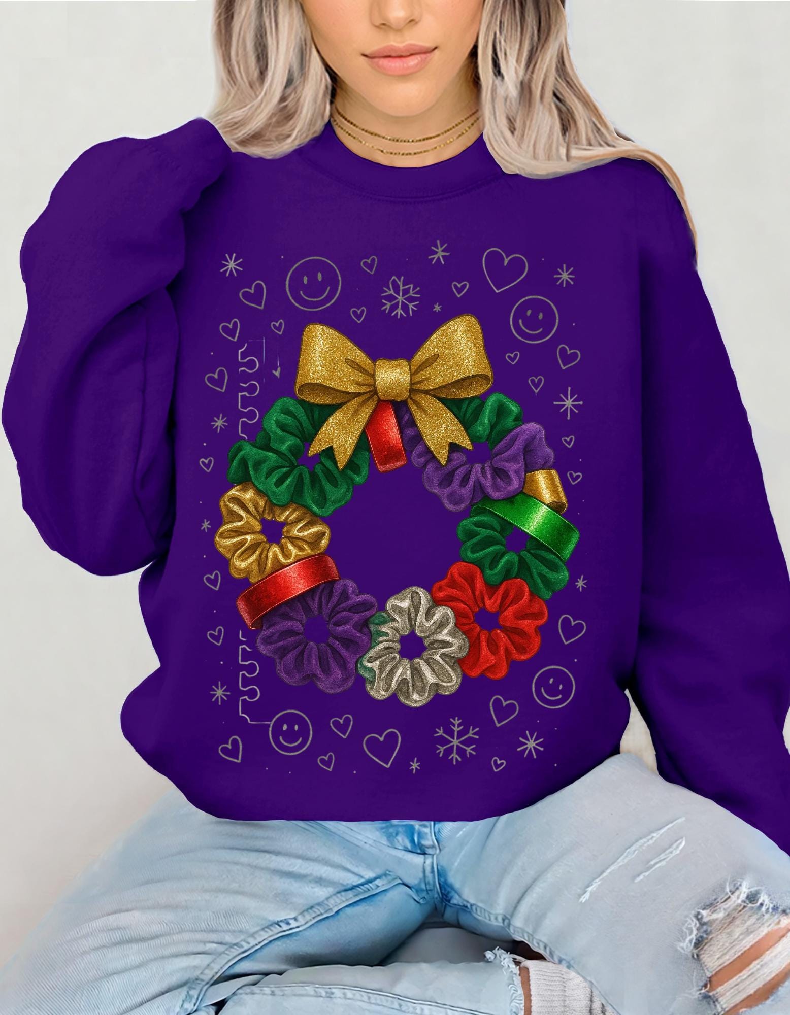 Colorful 90s Scrunchie Wreath Sweatshirt Holiday Bow Poinsettia Christmas Festive Crew Winter Sweater Gift