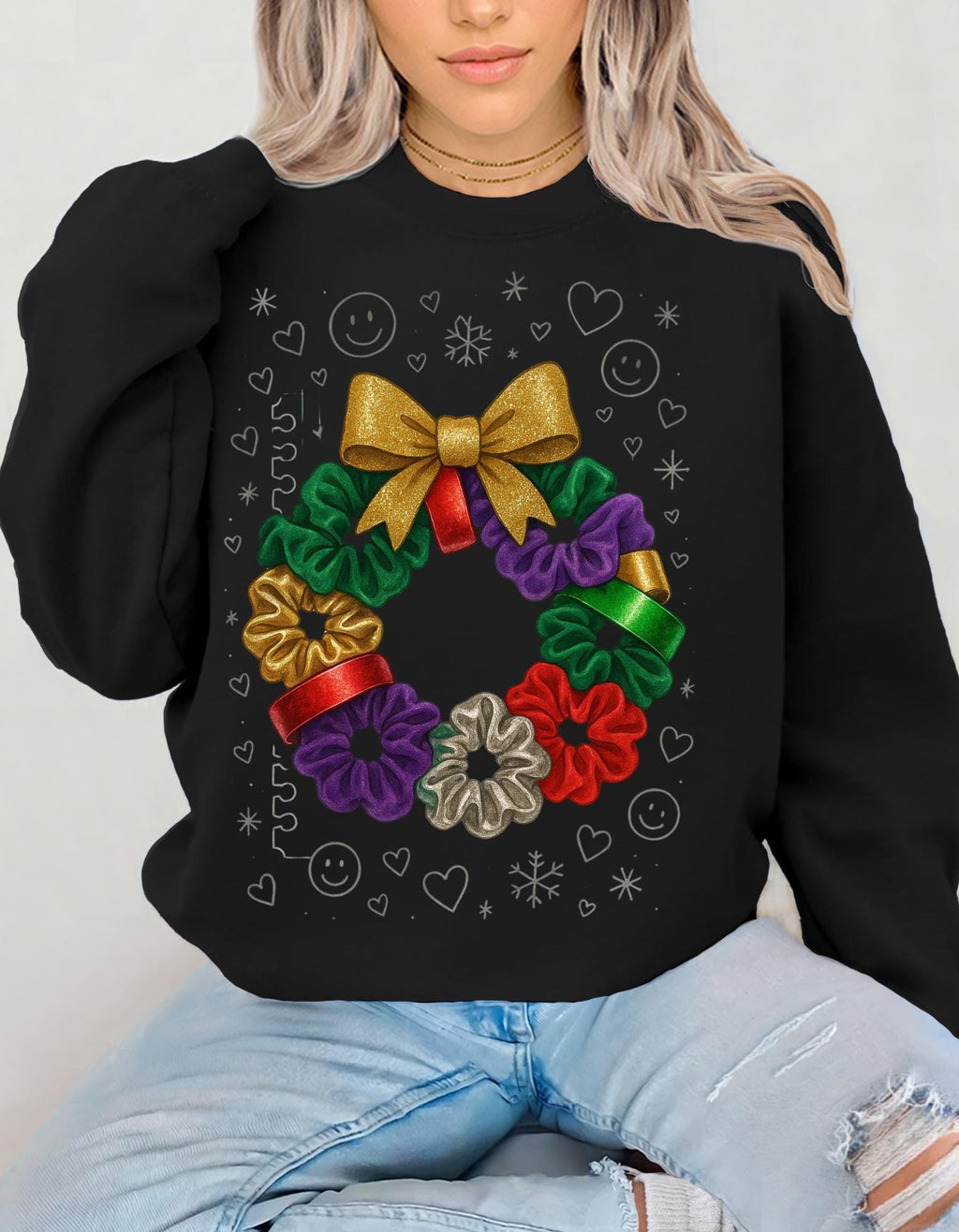 Colorful 90s Scrunchie Wreath Sweatshirt Holiday Bow Poinsettia Christmas Festive Crew Winter Sweater Gift