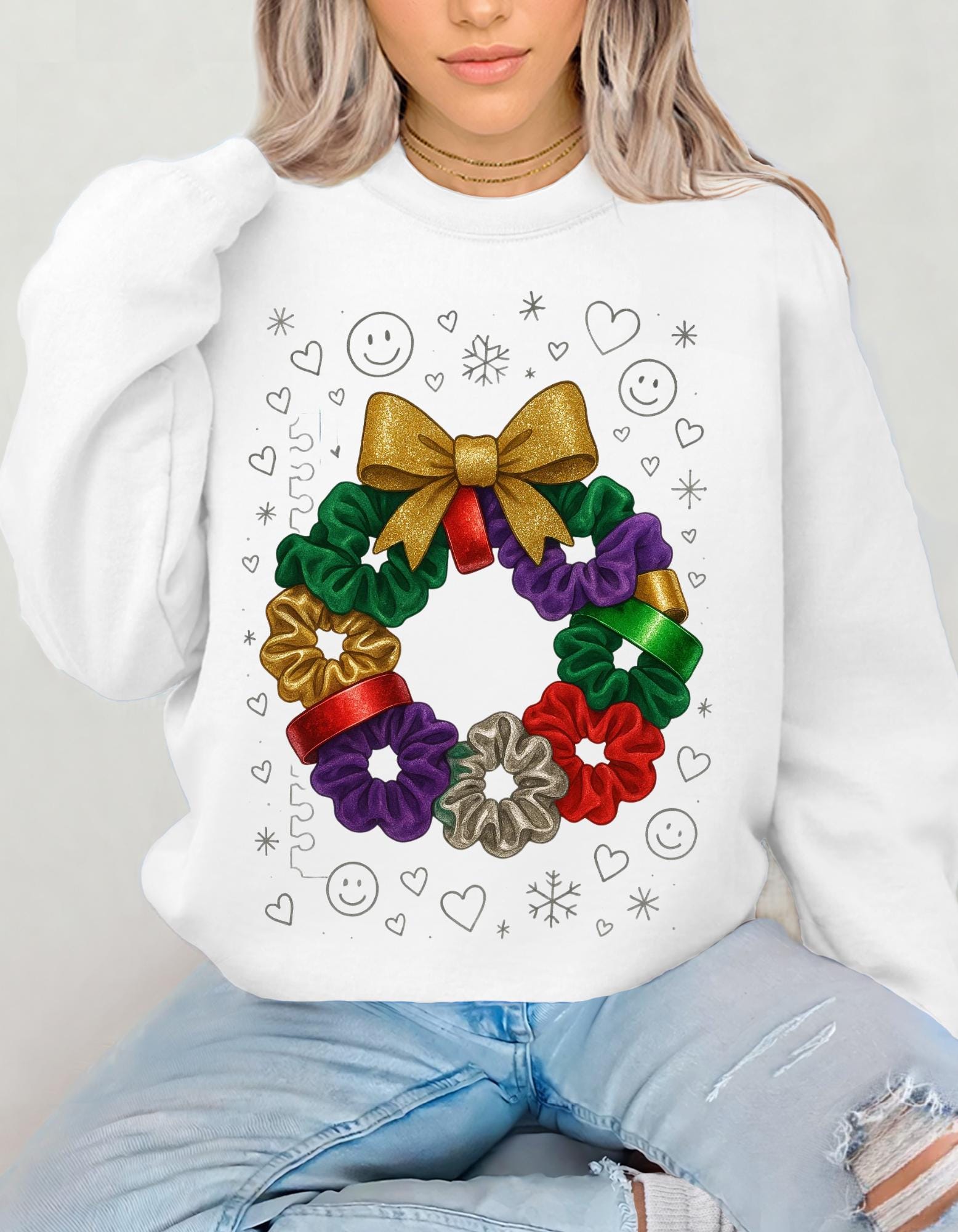 Colorful 90s Scrunchie Wreath Sweatshirt Holiday Bow Poinsettia Christmas Festive Crew Winter Sweater Gift