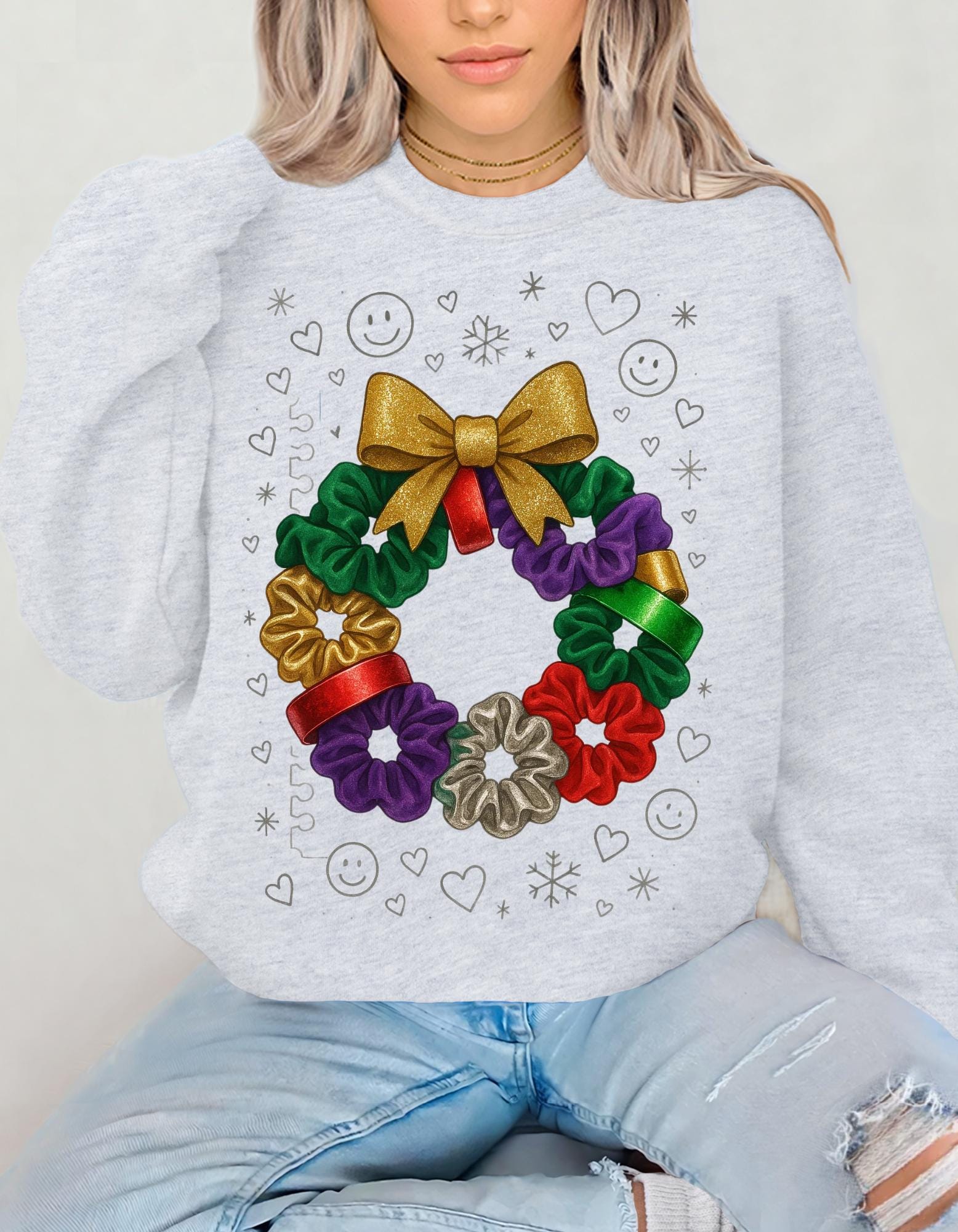 Colorful 90s Scrunchie Wreath Sweatshirt Holiday Bow Poinsettia Christmas Festive Crew Winter Sweater Gift