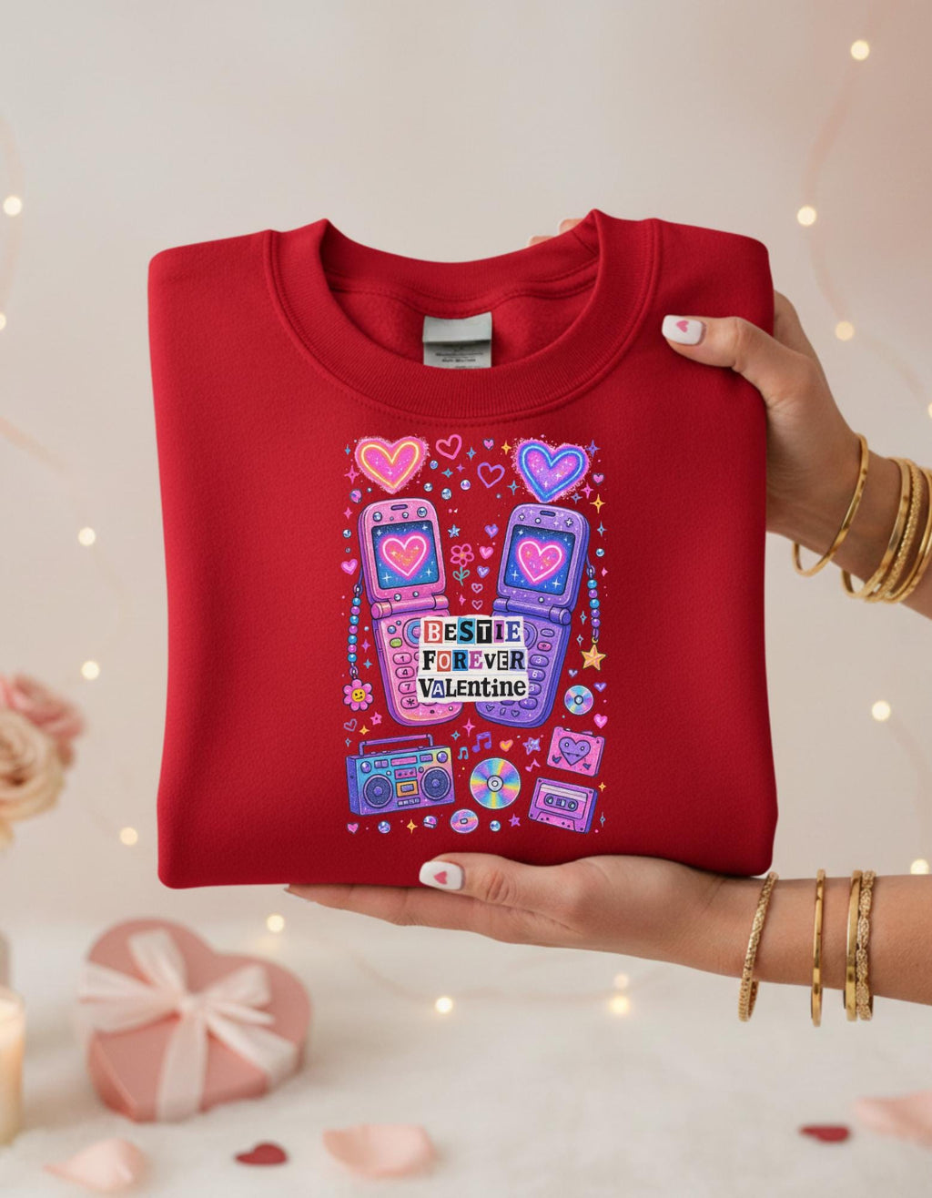 Bestie Forever Valentine Crewneck | Retro Phones Hearts Cassette Purple Pink Sweatshirt Gift