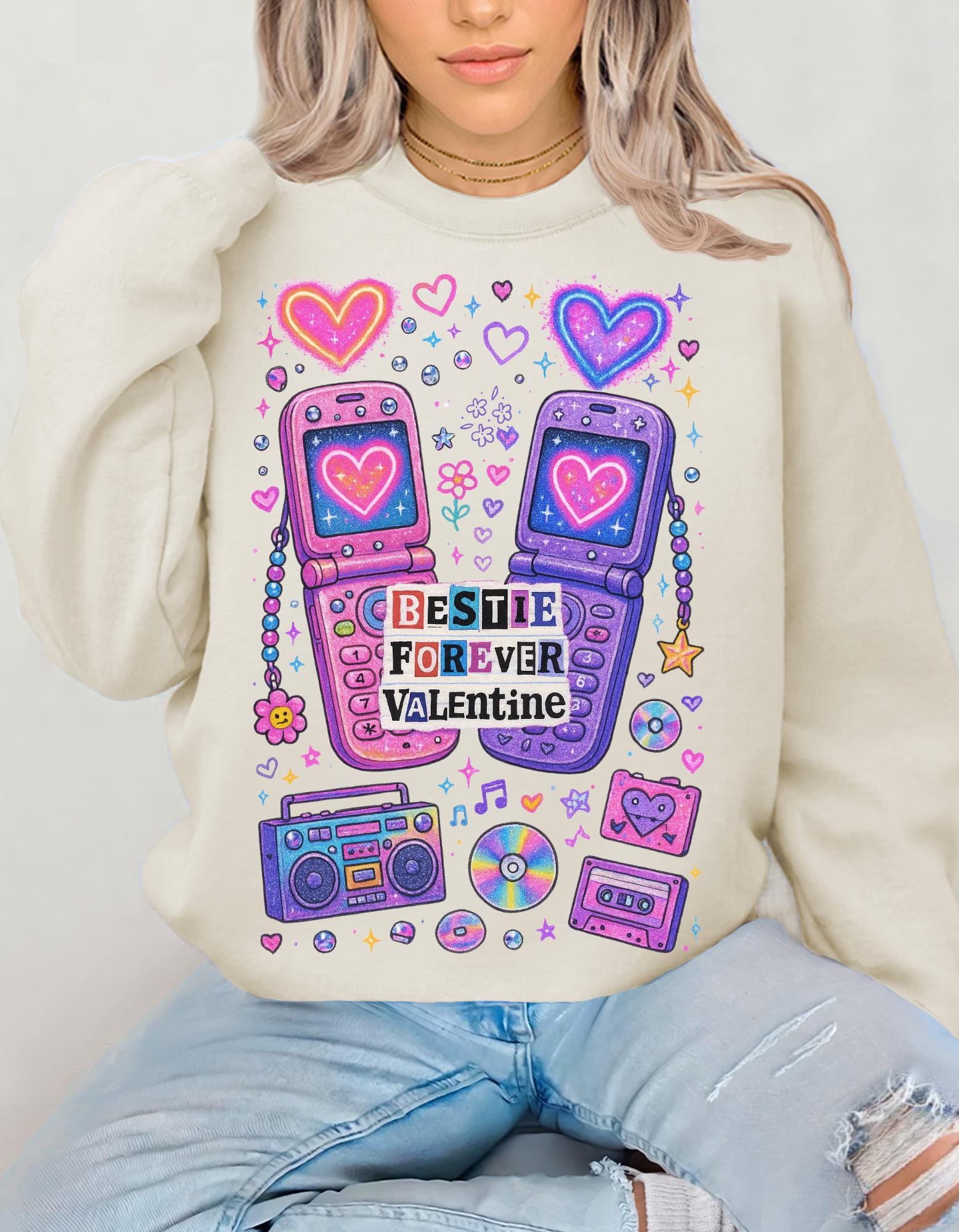 Bestie Forever Valentine Crewneck | Retro Phones Hearts Cassette Purple Pink Sweatshirt Gift