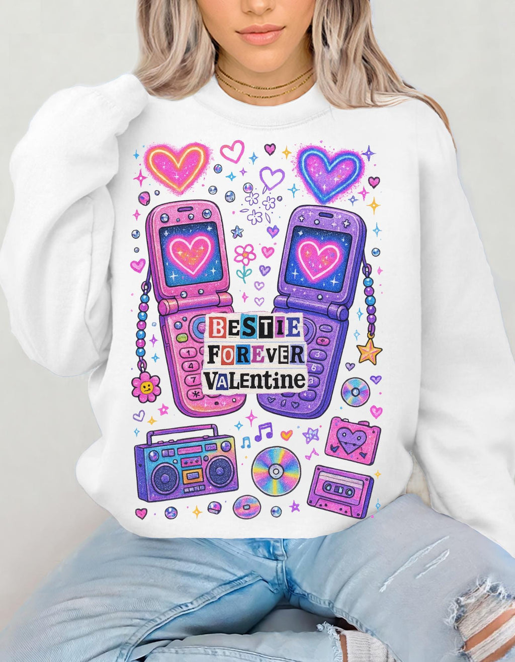Bestie Forever Valentine Crewneck | Retro Phones Hearts Cassette Purple Pink Sweatshirt Gift