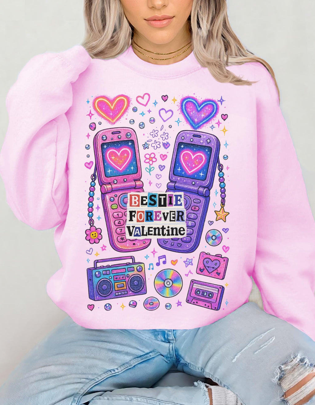 Bestie Forever Valentine Crewneck | Retro Phones Hearts Cassette Purple Pink Sweatshirt Gift