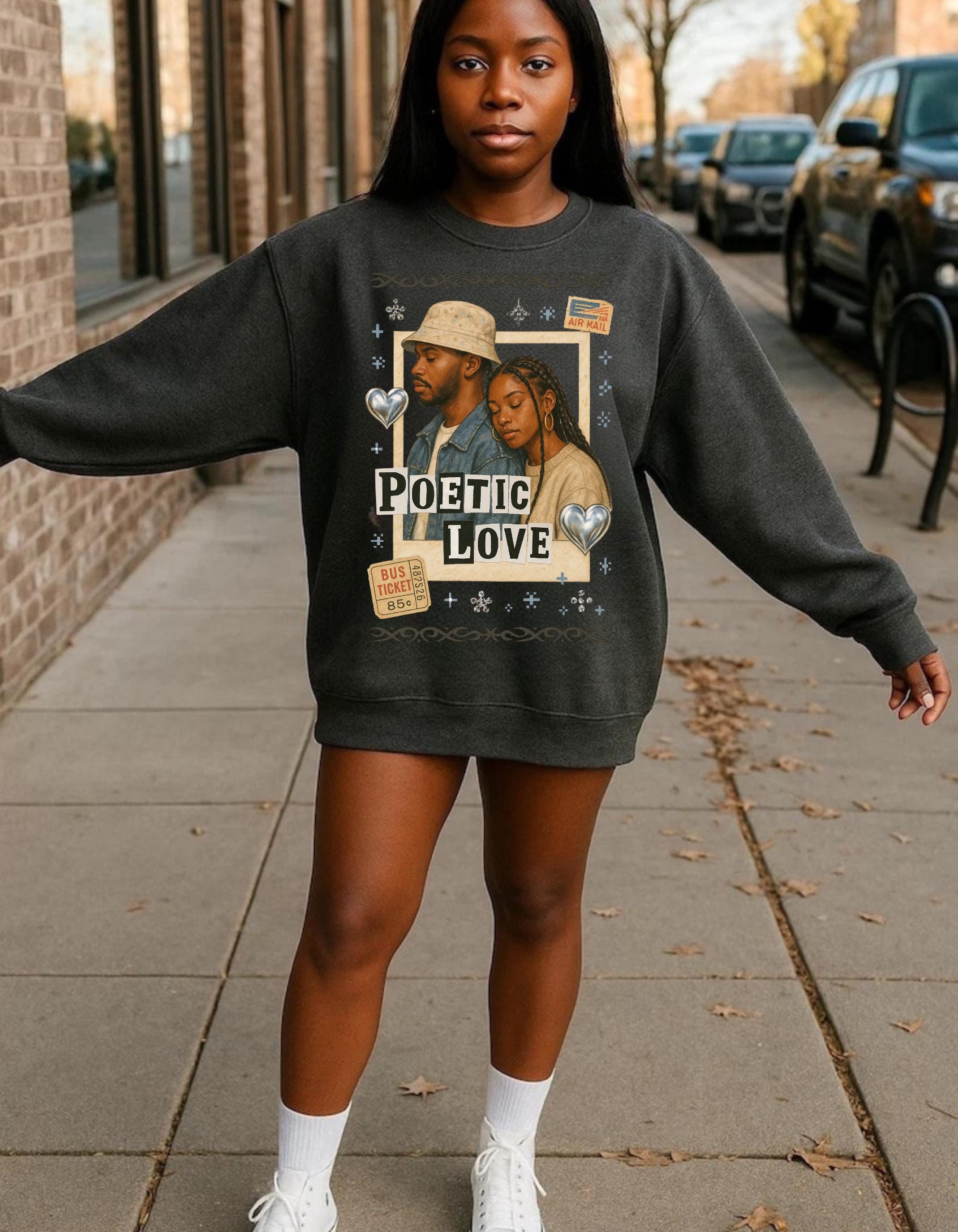 90s Black Romance Crewneck Sweatshirt, Poetic Love Nostalgia