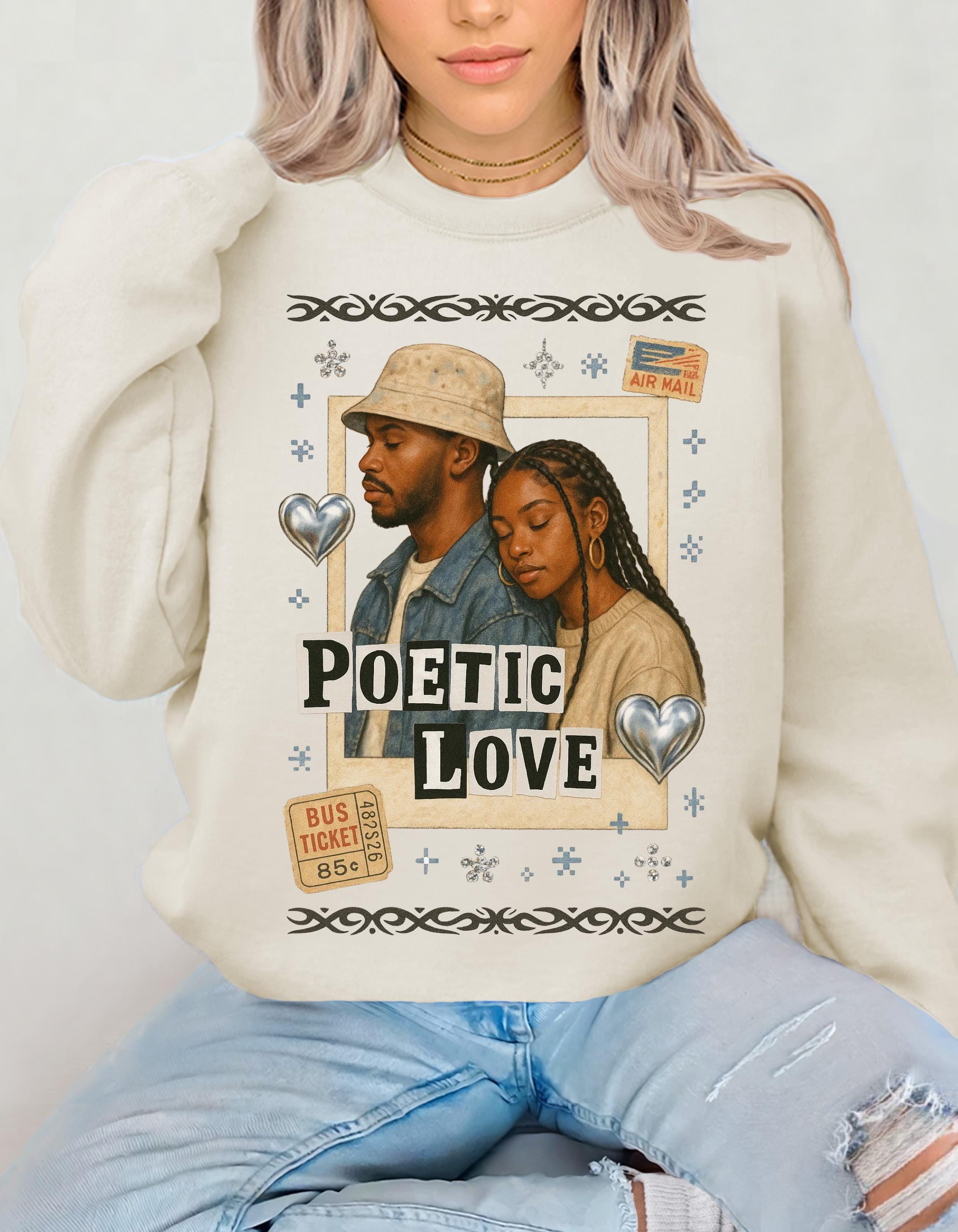 90s Black Romance Crewneck Sweatshirt, Poetic Love Nostalgia