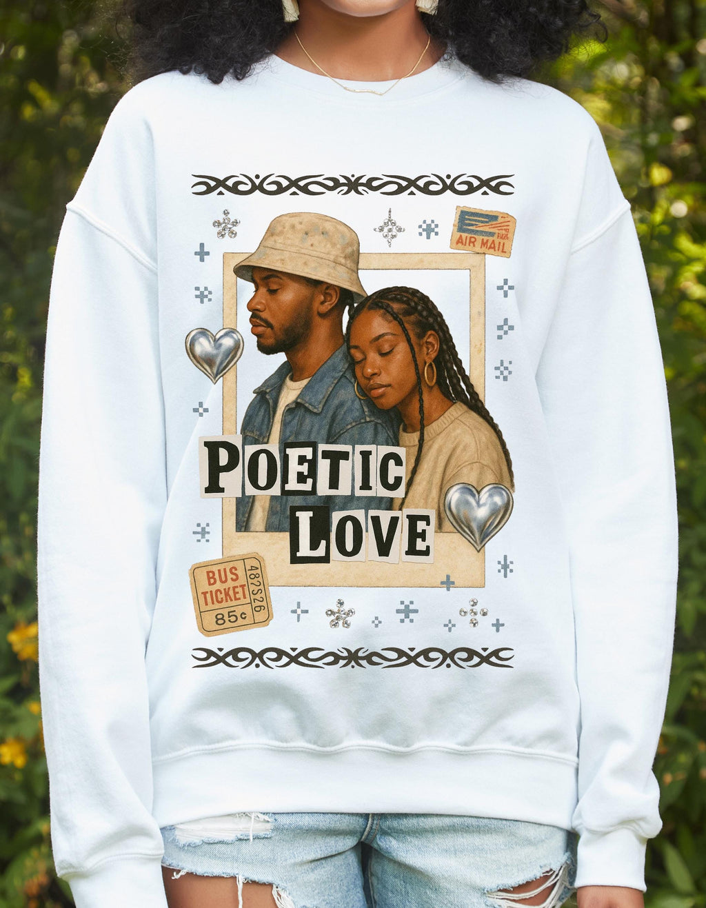 90s Black Romance Crewneck Sweatshirt, Poetic Love Nostalgia