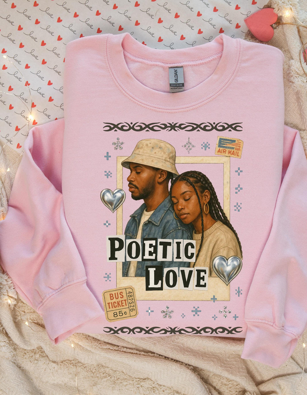 90s Black Romance Crewneck Sweatshirt, Poetic Love Nostalgia