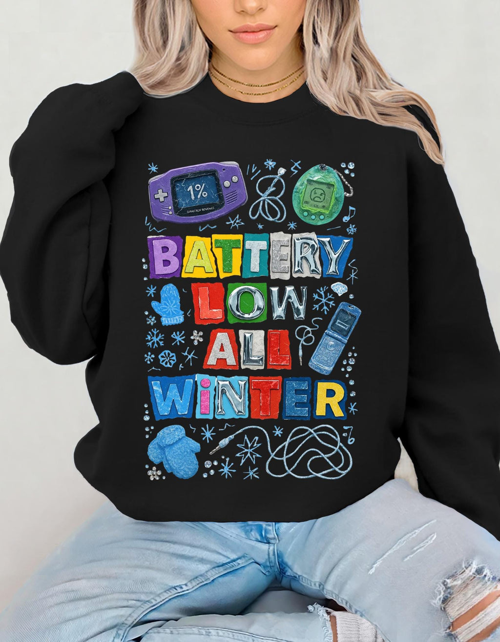 Y2K Nostalgia Crewneck Sweatshirt: Retro Handheld Games, Winter Burnout