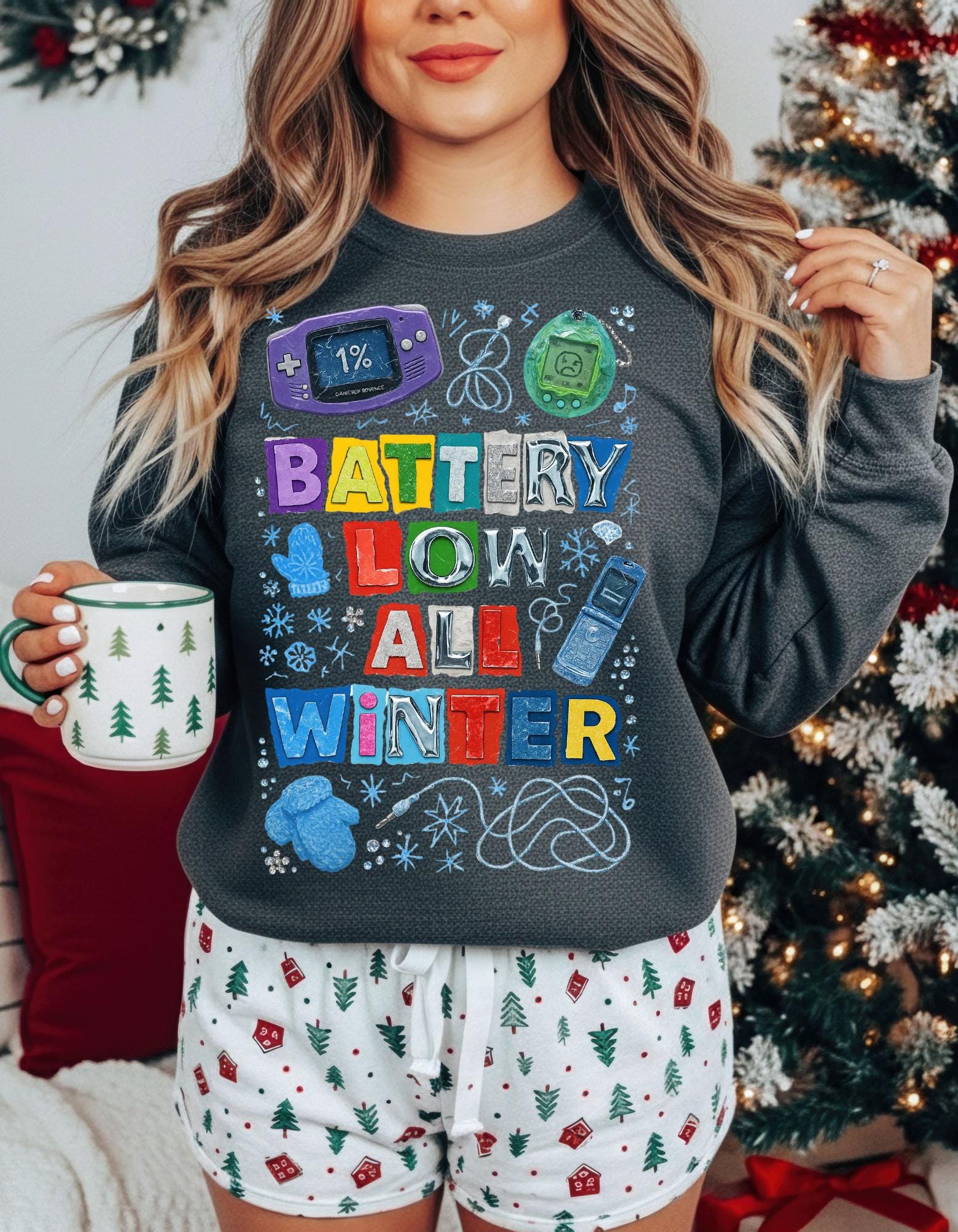 Y2K Nostalgia Crewneck Sweatshirt: Retro Handheld Games, Winter Burnout