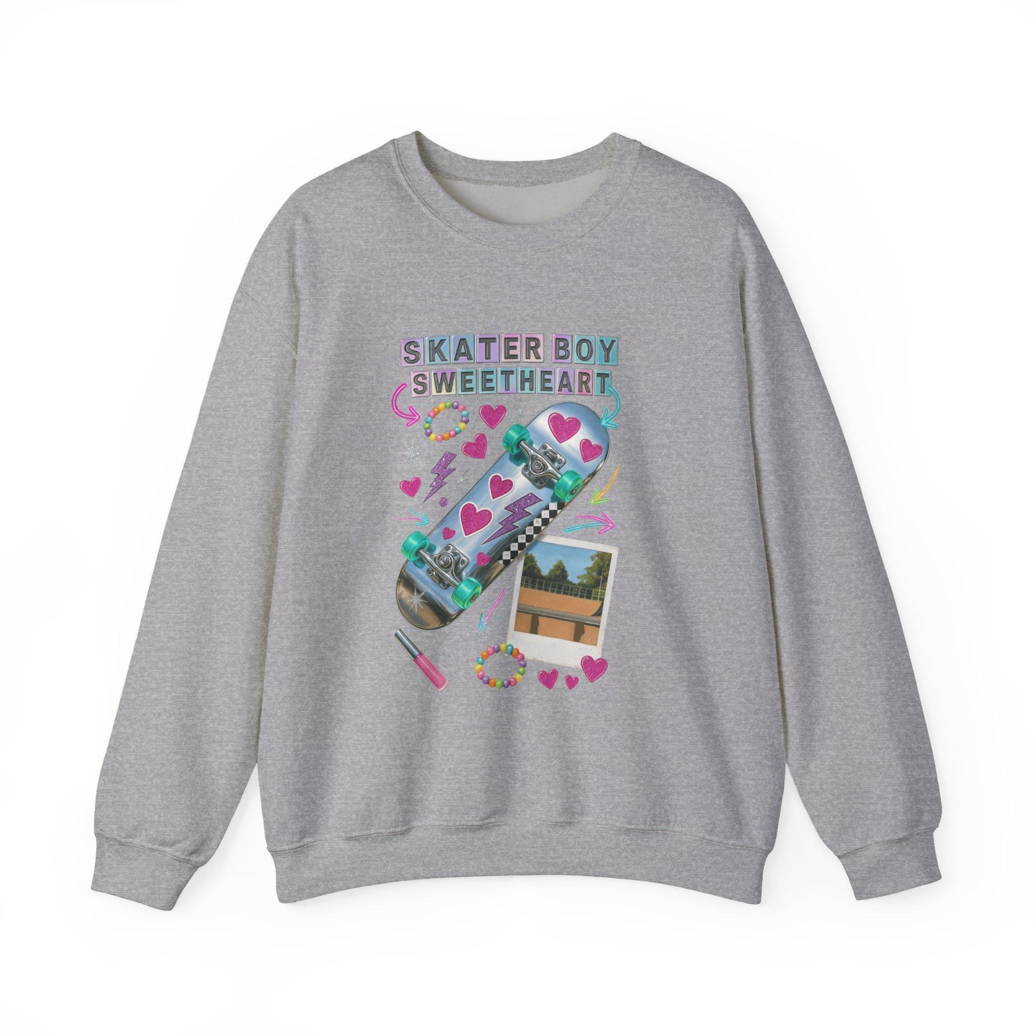 90s Holographic Heart Skater Sweatshirt Vintage Skateboard Crew Neck Unisex Streetwear Gift