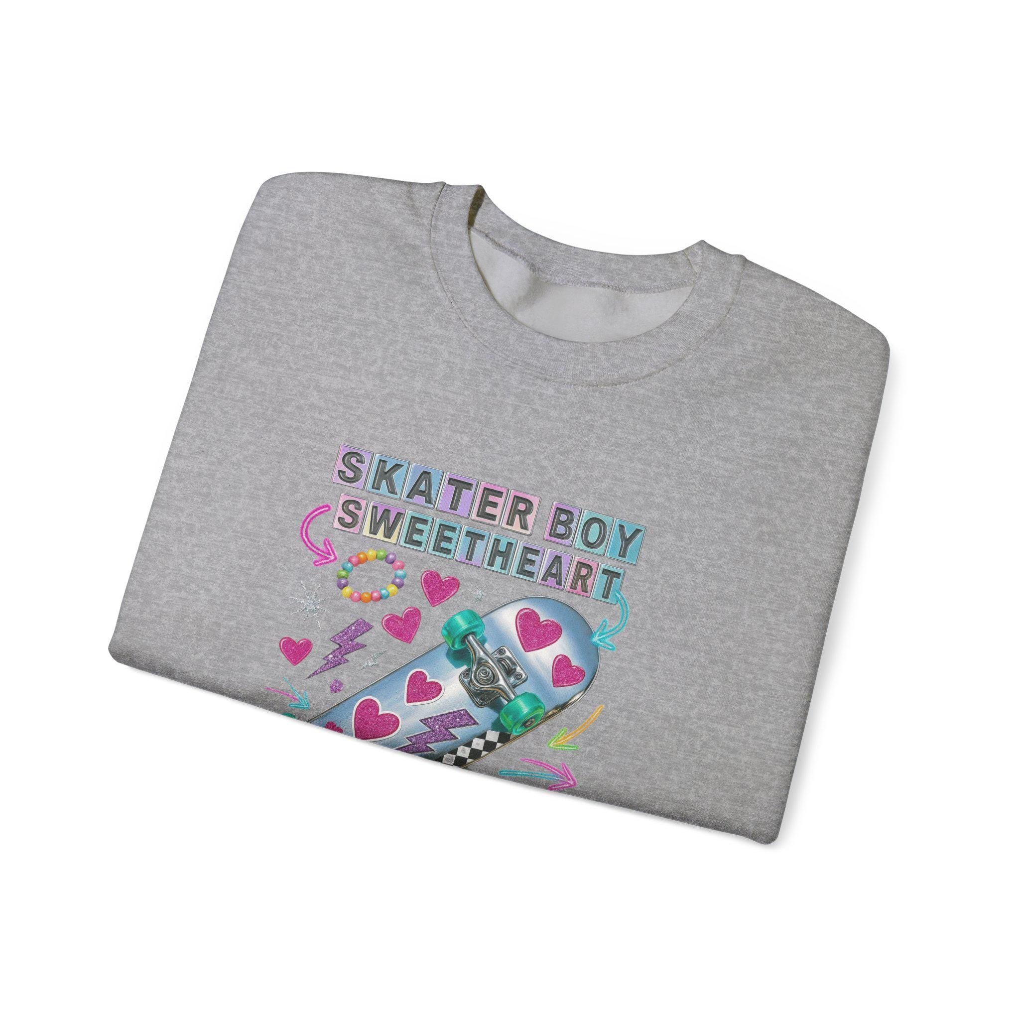 90s Holographic Heart Skater Sweatshirt Vintage Skateboard Crew Neck Unisex Streetwear Gift