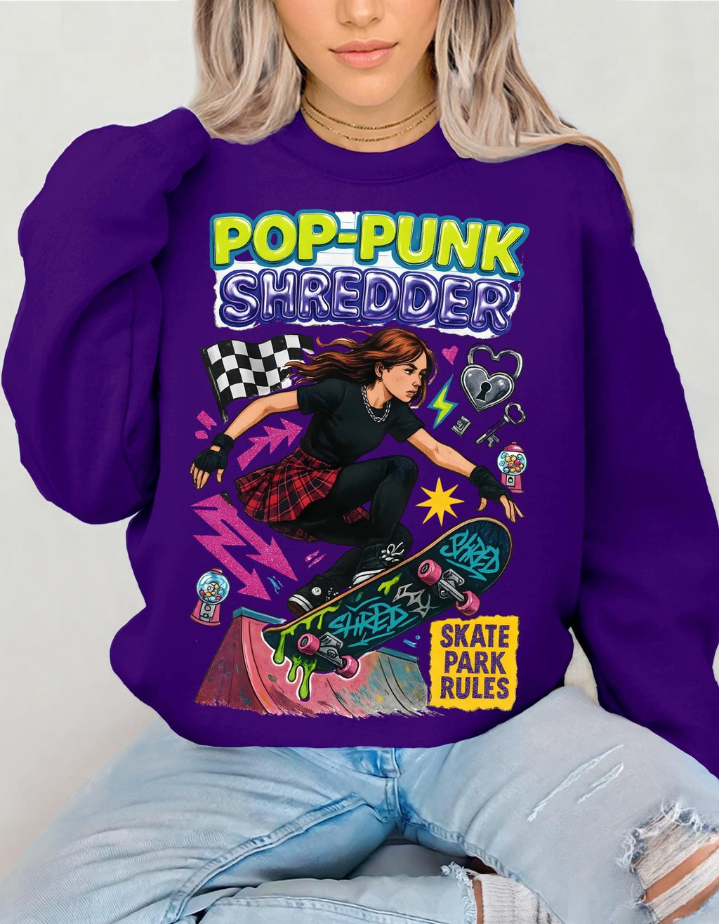 Pop Punk Shredder Skateboard Sweatshirt | Skate Graphic Crewneck Alternative Streetwear Apparel