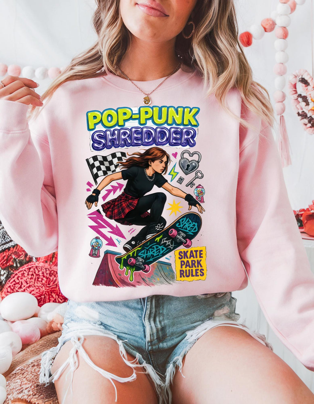 Pop Punk Shredder Skateboard Sweatshirt | Skate Graphic Crewneck Alternative Streetwear Apparel