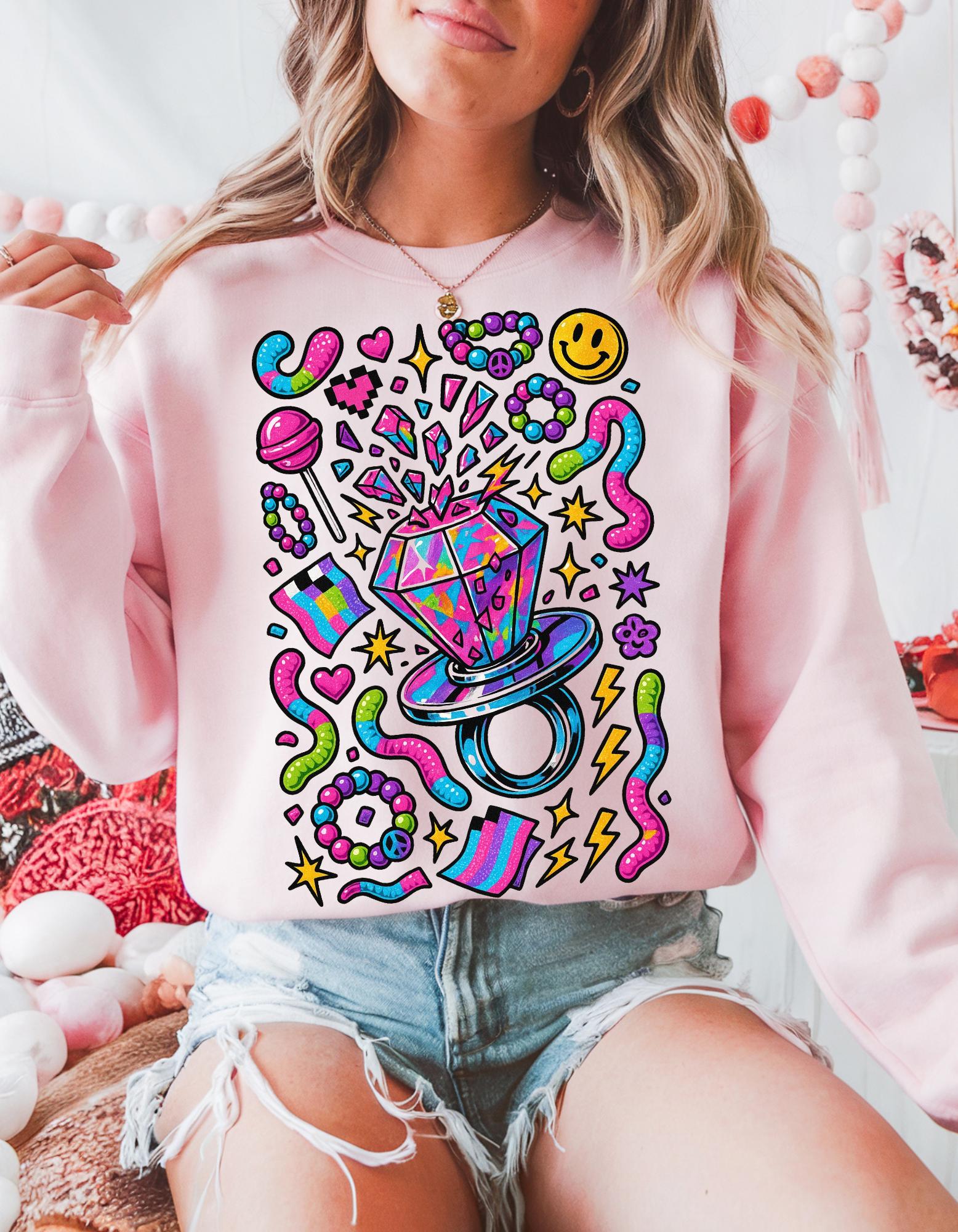 90s Candy Ring Sweatshirt Retro Circle Graphic Vintage Crewneck Pullover Nostalgia Sweet Throwback