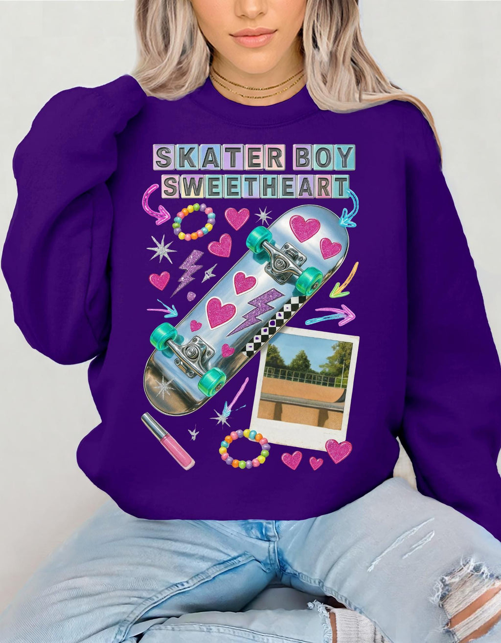 90s Holographic Heart Skater Sweatshirt Vintage Skateboard Crew Neck Unisex Streetwear Gift