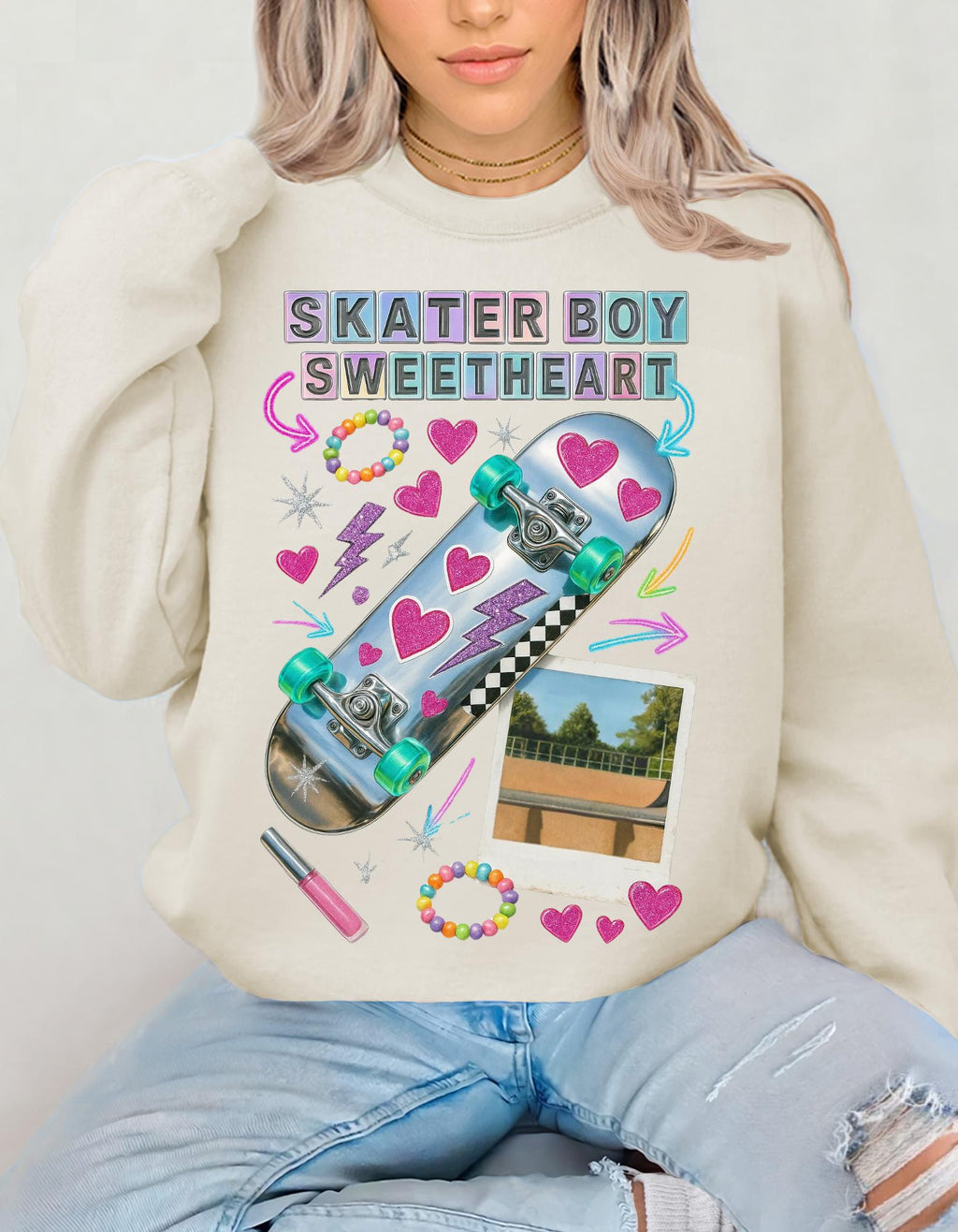 90s Holographic Heart Skater Sweatshirt Vintage Skateboard Crew Neck Unisex Streetwear Gift