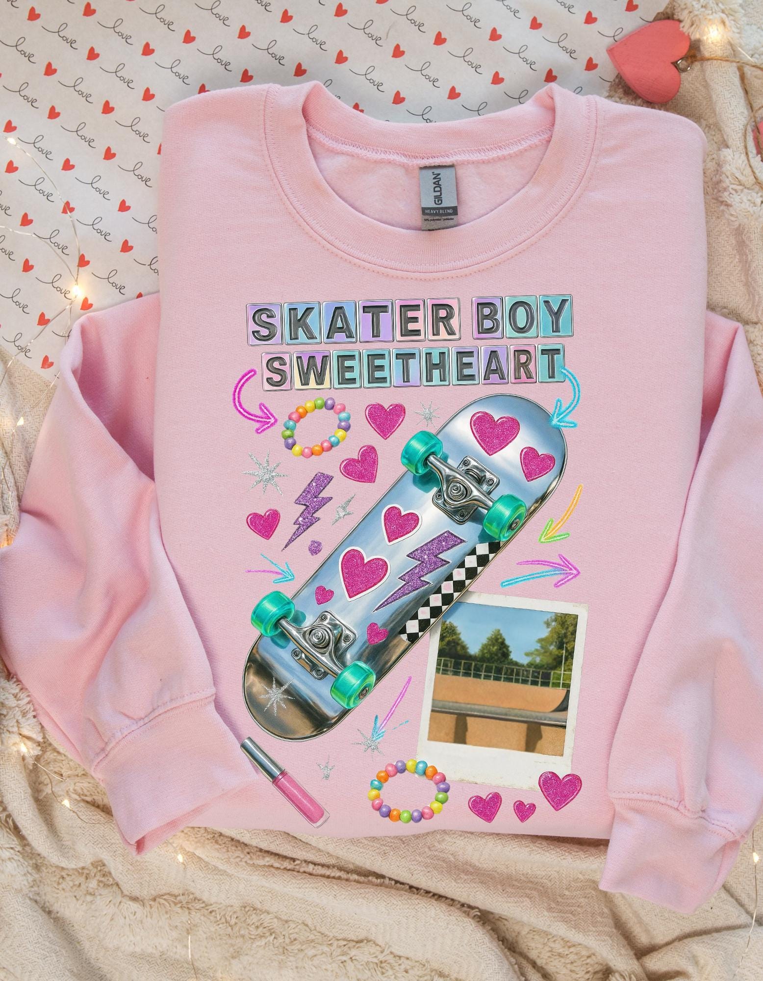 90s Holographic Heart Skater Sweatshirt Vintage Skateboard Crew Neck Unisex Streetwear Gift