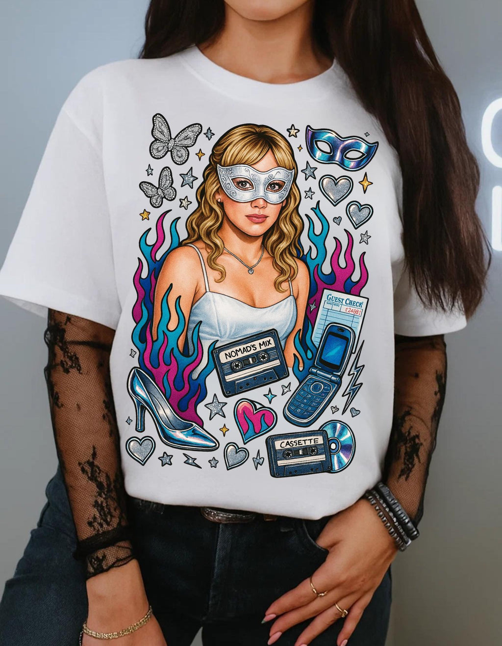 Y2K Masked Girl Graphic Tee | Cassette & Flip Phone